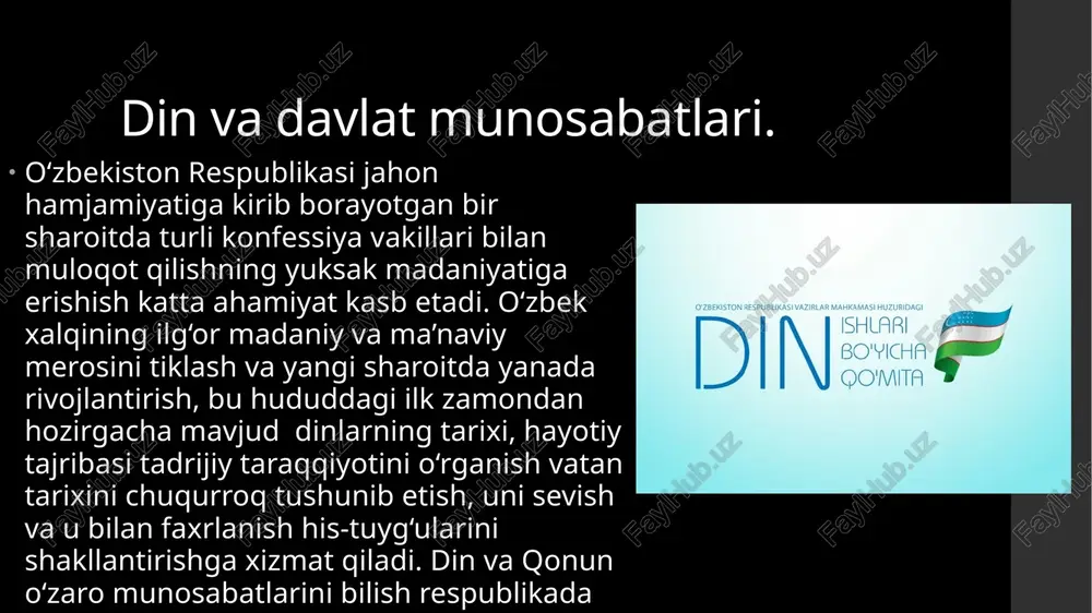 tilganini ta’kidlash lozim. shu bilan birga, diniy tashkilotlarning soni o‘sganini ham qayd etish zarur. xususan, 1990 yilda respublikamizda 119 ta diniy tashkilot (89 ta islomiy va 30 ta noislomiy) mavjud bo‘lgan bo‘lsa, 1991 yilda 179 taga (146 islomiy va 33 noislomiy) etdi, 2007 yilning yanvariga kelib esa, ularning soni 2227 tani (2046 ta islomiy, 181 ta noislomiy) tashkil etdi. ulardan eng yirigi o‘zbekiston musulmonlari idorasi, rus pravoslav cherkovining toshkent va o‘rta osiyo eparxiyasi, evangel xristian-baptistlar cherkovi, rim-katolik cherkovi, to‘liq injil xristianlari cherkovi, o‘zbekiston bibliya jamiyati. shuningdek, 1987 ta masjid, 163 ta xristian cherkovi, 8 ta yahudiy sinagogalari, 6 ta bahoiylar jamoasi, 1 ta krishnani anglash jamiyati, 1 ta budda ibodatxonasida fuqarolar emin-erkin ibodat qilishlari uchun barcha sharoitlar yaratilgan. mustaqillikkacha bor-yo‘g‘i ikkita islomiy diniy o‘quv yurti (toshkent islom instituti va «mir arab» madrasasi) bo‘lgan bo‘lsa, o‘tgan yillar davomida ularning soni 11 taga etdi e’tiboringiz uchun rahmat ! image1.jpeg image2.png image4.jpeg image5.jpeg …