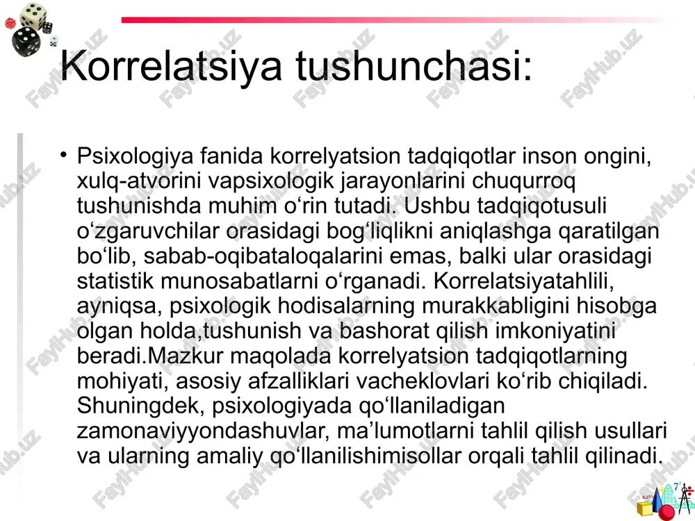 gar hodisalar orasidagi munosabatlar chiziqli bo'lmasa, korrelyatsiya koeffitsienti past bo'ladi kam korrelyatsiyaning mumkin bo'lgan sabablari 2)aralashtirishkorrelyatsiya koeffitsientining pastligi ba'zi hisobga olinmagan omillarning ta'siriga bog'liq bo'lishi mumkin. kam korrelyatsiyaning mumkin bo'lgan sabablari 3)cheklangan ma'lumotlar oralig'i(kesilgan diapazon). ma'noli korrelyatsiyani hisoblash uchun qiziqish o'zgaruvchisi qiymatlari o'rtasida etarlicha katta farq bo'lishi kerak; raqamlarni taqsimlashda etarli xilma-xillik bo'lishi kerak. korrelyatsiya koeffitsientlarini hisoblash masshtab ulanish o'lchovi interval yoki teng munosabatlar r(pirson) tartibli rs (spirman) b(kendall) … ismlar ,,c (yoki f), v (kramer) korrelyatsiya matritsasi oʻzgaruvchilar: balandligi (sm) poyabzal o'lchami (37,…, 43) tashvish (0-10 ball - yuqori tashvish, 11-20 ball normal, 20 balldan ortiq - o'ziga ishongan beadab odam). korrelyatsiya matritsasi balandligi tashvish poyabzal o'lchami balandligi 1 tashvish -0,65 1 poyabzal o'lchami 0,87 -0,54 1 xulosa korrelatsiya — bu ikki yoki undan ortiq o‘zgaruvchilar o‘rtasidagi o‘zaro bog‘liqlik darajasini aniqlovchi statistik tushuncha bo‘lib, psixologik tadqiqotlarda muhim ahamiyat kasb etadi. u inson xulq-atvori, hissiy holati, motivatsiyasi va kognitiv jarayonlar …