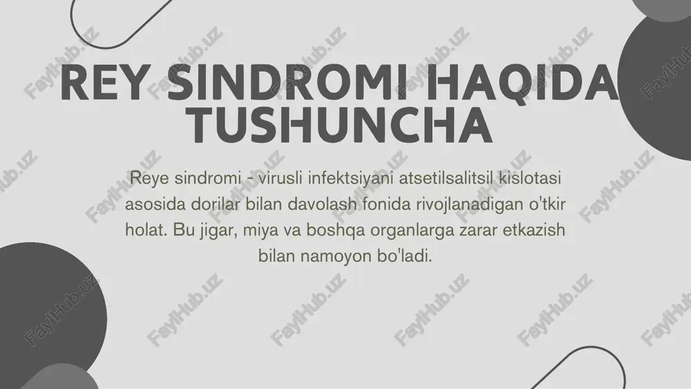 , meningit) istisno qilish. davolash kaliy, natriy va magniy bilan glyukoza va elektrolit eritmalari kabi vena ichiga suyuqliklar glyukokortikosteroid gormonlar; diuretiklar – intrakranial bosimni pasaytirish uchun ishlatiladigan diuretiklar; jigar funktsiyasi buzilganligi sababli qon ketishini oldini olish uchun dorilar; agar kerak bo'lsa, antikonvulsantlar. profilaktika kasallikning oldini olishning asosiy chorasi asetitsil kislotasidan foydalanishni cheklashdir.1986 yildan beri fda bolalarda isitmani pasaytirish uchun aspirindan foydalanishni taqiqlangan. buning o'rniga paratsetamolni 10-15 mg / kg dozada ishlatish tavsiya etiladi. gripp va suvchechakga qarshi emlash kasallikni keltirib chiqarishi mumkin bo'lgan virusli infektsiyalarning ehtimolini kamaytiradi. thank you