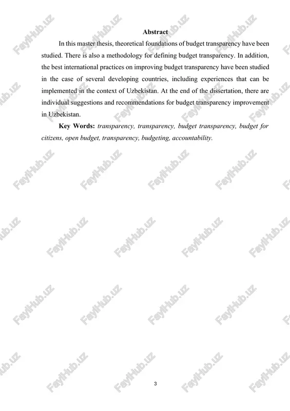 o'tilgan jadvallar ro'yxati 1-jadval byujdjet ochiqligi indeksini hisoblashda hisobga olinadigan hujjat turlari ................................................. 19 keltirilgan qisqartmalar ro'yxati xmi – xalqaro moliya institutlari; xvj – xalqaro valyuta jamg'armasi; jbg – jahon banki guruhi; otb – osiyo taraqqiyot banki; xttb – xalqaro tiklanish taraqqiyot banki; xra – xalqaro rivojlanish agentligi; bmt – birlashgan millatlar tashkiloti; ettb – evropa tiklanish va taraqqiyot banki; yaim – yalpi ichki mahsulot; mdh – mustaqil davlatlar hamdo'stligi. mnt – muvstaqil nazorat tashkilotlari. kirish 1.1. dissertatsiya mavzusining asoslanishi va uning dolzarbligi bugungi kunda mamlakatimizda xalqaro moliya institutlari mutaxassislari, xususiy sektor vakillari hamda olimlar bilan hamkorlikda davlat moliyasini boshqarish tizimini isloh qilish, ayniqsa, nafaqat ichki, balki tashqi foydalanuvchilar uchun byudjet ma'lumotlari ochiqligini oshirish yuzasidan keng qamrovli ishlar olib borilmoqda. xususan, davlat byudjeti va byudjetdan tashqari davlat maqsadli jamg'armalari byudjetlari daromadlari va xarajatlari to'g'risidagi ma'lumotlarning xalq uchun shaffofligini ta'minlash, byudjetnomani tayyorlashda jamoatchilik fikrini inobatga olish maqsadida hujjat loyihasini umumxalq muhokamasiga …