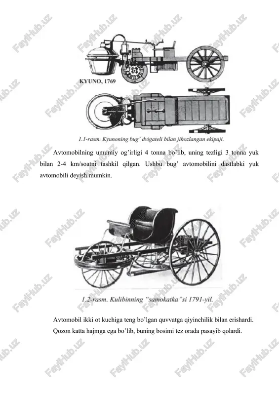 , 1883-yili unga patent oladi. dastlab daymler bu dvigatelni maxsus velosipedga o’rnatdi. velosipedning yon tomonlariga esa qulamasligi uchun roliklar o’rnatilgan. shu asnoda daymler tomonidan 1885 yili dunyoda birinchi mototsikl yaratildi. daymler bensdan farqli ravishda 1886-yilda o’zining to’rt g’ildirakli avtomobilini yaratdi (3b-rasm). frantsiya-prussiya urushi ―daymler avtomobillarining frantsiya bozoridagi mavqeiga jiddiy putur yetkazadi. buni bartaraf etish uchun nemis markasi ―daymlerni boshqa nom bilan almashtirishiga to’g’ri keladi, ya’ni ―daymler markasi - firma savdo vakilining 12 yoshli qizining ismi ―mersedes bilan almashtiriladi. ―mersedes avtomobili shu tariqa dunyoga keladi. ko’p yillik raqobatdan so’ng 1926-yili ―daymler va ―bens firmalari birlashadilar, uch qirrali ― baxtli yulduz» sobiq raqobatchining ―lavr gardishi bilan birlashtirilib, dunyoni o’zining avtomobillari bilan hayratga solib kelayotgan ―daymler-bens firmasi tashkil topdi. firma ―mersedes-bens markasi ostida avtomobillar ishlab chiqara boshladi. amerikada genrix fort avtomobilsozlikni otasi hisoblanadi. u avtomobilsozlikda konveyer usulini olib kirdi va avtomobillarni keng miqiyosida ishlab chiqarishga asos bo’ldi. 1960 yilgacha avtomobil dvigatel quvvati har …