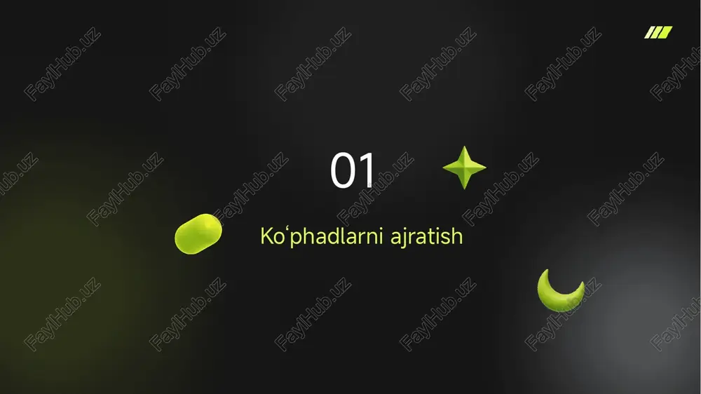 inchi darajali tenglamalar kundalik hayotda keng qo‘llaniladi. masalan, narxlarni hisoblash, masofani vaqt bilan bog‘lashda bu tenglamalar ishlatiladi. fanlar orqali qo’llanish turli fanlarda ham birinchi darajali tenglamalar muhim hisoblanadi. masalan, fizikada va muhandislikda bu tenglamalar tezkor yechish uchun ishlatiladi. o‘rganishning muhimligi misollar orqali o‘rganish o‘quvchilarga tenglamalarni haqiqiy muammolarga qo‘llash ko‘nikmasini shakllantiradi. bu o‘rganish usuli muhim bilimlarini oshiradi. 04 ikkinchi darajali tenglamalar ikkinchi darajali tenglama ko‘rinishi 01 ko‘rinishi ikkinchi darajali tenglama ko‘rinishi ax² + bx + c = 0 bo‘lgan, x dagi eng yuqori darajasi ikkinga teng bo‘lgan tenglama hisoblanadi. 02 diskriminant bu tenglama diskriminant orqali tahlil qilinadi va yechimlar soni diskriminant qiymatiga bog‘liq bo‘ladi. diskriminant muhim tahlil usuli hisoblanadi. 03 grafigi ikkinchi darajali tenglamalar parabola grafigiga mos keladi va ularning yechimi kvadrat ildiz formulasi bilan topiladi. parabola grafigi tenglamani tahlil qilishda muhim roldan o’tkazib yuboradi. yechim usullari va diskriminant 01 yechim usullari ikkinchi darajali tenglamani yechish uchun kvadrat ildiz formulasi, ko‘paytuvchilarga …