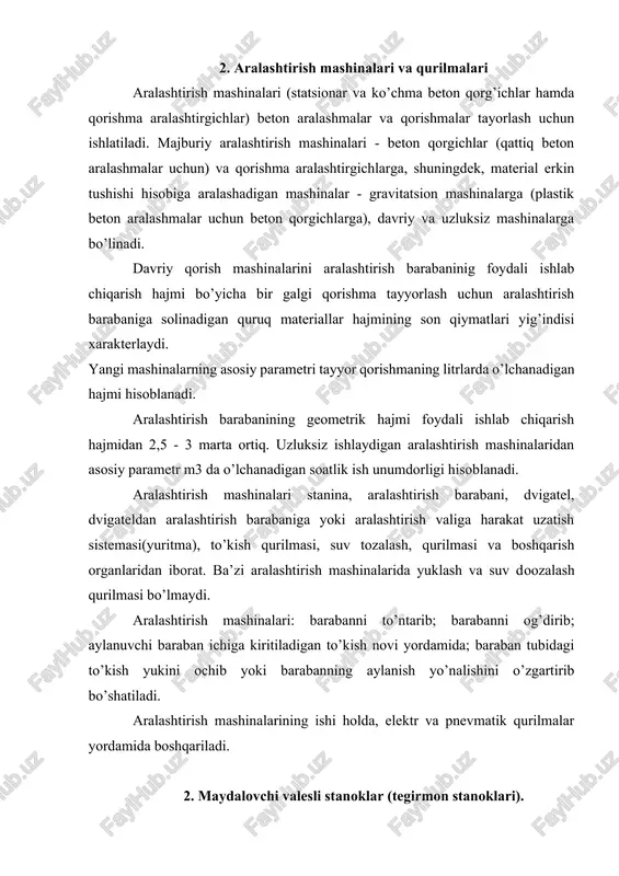 yukini ochib yoki barabanning aylanish yo’nalishini o’zgartirib bo’shatiladi. aralashtirish mashinalarining ishi holda, elektr va pnevmatik qurilmalar yordamida boshqariladi. 2. maydalovchi valesli stanoklar (tegirmon stanoklari). turli qattiq va mo’rt materiallarni maydalashda, maydalovchi valeslardan foydaliniladi. bu qurilmalar sanoat korxonalarida xom-ashyo maxsulotlarini maydalashda keng qo’llaniladi. valesli stanok korpusdan, bir juft valikdan, yuritma bilan bu ikki qoildiraklar yopiq bir zanjirdan tuzilgandir. valiklar o’zaro teskari harakatda bo’lib, bular orasidagi oraliq masofa boshqariladigan bo’ladi va yopiq kontur hosil qiluvchi uzatmali yuritmadan tashkil topgan. yuritma vallarining har xil tezlik bilan bir-biriga qarama-qarshi yo’nalishda aylanishini ta’minlaydi. materiallarni har xil kattalikda maydalash uchun valeslar orasidagi masofani boshqarish mumkin. 2. yuk ko’tarish mexanizmlari yuk ko’tarish mexanizmlari yukni ko’tarish va tushirish vazifasini bajaradi. uning tortuvchi organi aylanma harakatni ilgarilama harakatga (yuk ko’targanda) va ilgarilama harakatni (yuk tushayotganda) aylanma harakatga o’zgartirib berish uchun xizmat qiladi. ular egiluvchan organli, ya’ni arqonli yoki zanjirli turga bo’linadi; birinchisi arqonli, ikkinchisi esa zanjirli ko’tarish mexanizmlari deyiladi. …