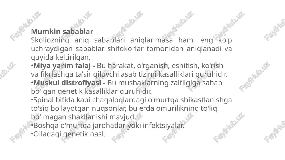 oz reabilitatsiyasining patogenetik yo’nalishini ta’minlaydi. elektromiyogrofik biofeedbackni davolashning uch bosqichi: i. bosqich. tayyorgarlik – bfb nazorati ostida orqa tomon uchun maxsus mashqlarni bajarishga o’rgatish; – to’g’ri mushak tonusini tiklash. ii. bosqich. asosiy bosqich – orqa mushaklar kuchining oshishi; – dastlabki o’tirish va turish holatida to’g’ri holatni o’rgatish. iii. bosqich. yakuniy bosqich – orqa mushaklarining chidamliligini rivojlantirish. i-ii darajadagi skolyozda elektromiyogrofik biofeedbackning yangi usuli skoliotik deformatsiyaning rivojlanishini kamaytirishga, umurtqa pog’onasining mushak korsetini kuchaytirishga va reabilitatsiya davrini qisqartirishga yordam beradi. usulning samaradorligi 85% ga etadi! jarrohlik bilan bog'liq ayrim xavflar, haddan tashqari qon ketishi gecikmeli shifo infektsion og'riq atrofdagi asabga zarar yetkazish image1.jpeg image2.jpeg image3.jpeg image4.jpeg image5.jpeg