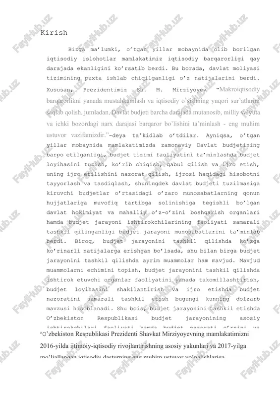 ing iqtisodiy, ijtimoiy va tashkiliy tamoyillari, tuzilishi, unda birlashib ketadigan budjetlarning o’zaro aloqadorligini respublika budjet qurilmasini belgilaydi. hozirgi davrda budjetni ko’rib chiqish, tuzish, hamda budjetlararo munosabatlarni takomillashtirish hozirgi davrning eng dolzarb muammolaridan biri bo’lib hisoblanadi. budjet daromadlari hamda xarajatlarini mutanosib olib borish esa joylardagi moliya boshqarmalari, bo’limlari hamda moliya vazirligining oldida turgan dolzarb masalalardan biri hisoblanadi. iqtisodiy islohatlarni amalga oshirish, iqtisodiy qonunlarni bir me’yor doirasida amal qilishi ko’p jihatdan davlatni moliyaviy siyosatini asosiy bo’g’ini davlat budjetiga bog’liqdir. davlat budjeti o’zida davlat daromadlari va xarajatlarni mujassamlashtirgan moliyaviy rejadir. demak xalq xo’jaligini butun tarmoqlarida, xususan noishlab chiqarish tarmoqlari (xalq ta’limi, sog'liqni saqlash, mudofaa va h.k.) da davlat budjetini roli beqiyosdir. shu o’rinda mamlakatimiz prezidenti sh. m. mirziyoyev quyidagi so’zlarini ta’kidlab o’tish o’rinlidir: “albatta, davlat budjeti o’lchovsiz emas, mablag’larni qattiq tejash, belgilangan maqsad uchun va oqilona ishlatishni ta’minlash zarur. bu - hammaga ravshan va rad etib bo’lmaydigan haqiqat”. jumladan, 2009-2012 yillarga mo’ljallangan inqirozga …