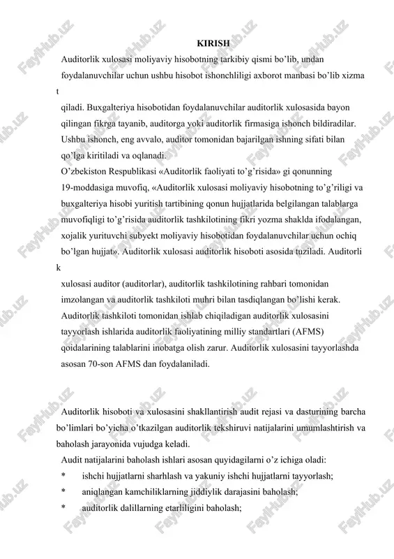 uvchi ko’rsatmalar taqdim qilinmagan xo’jalik muomalalari. auditor to’plangan dalillar etarliligini baholashda ushbu holatlar aniqlangan bosqichni (rejalashtirish, audit o’tkazish) hisobga olishi kerak. shuningdek, katta xatolar xatarini dastlabki baholash va batafsil tekshirish rejalari ham e’tiborga olinishi lozim. agar bunday holatlar rejalashtirish bosqichida aniqlangan va hisobga olingan bo’lsa, unda auditor to’plangan dalillarning etarliligiga va rejalashtirilgan hamda qo’shimcha auditorlik amallarini bajarishning maqsadga muvofiqligiga baho berishi zarur. auditorlik tekshiruvining asosiy bosqichlarini o’tkazish natijalari audit o’tkazishdan qo’yilgan maqsadga erishilganlik darajasini baholagan holda auditorning ishchi hujjatlarida qaid qilinishi lozim. masalan, audit o’tkazish dasturining «debitor va kreditor qarzlarni tekshirish» bo’limi bo’yicha o’tkazilgan audit natijalarini baholashda quyidagi auditorlik amallarini tahlil qilish va baholash maqsadga muvofiq: -keyingi pul kirimlari va tegishli schyotlar qoldiqlaridan to’langan to’lovlarga doir dastlabki hujjatlarni tekshirish. auditorlar odatda buxgalteriya balansi tuzilgandan keyingi to audit o’tkazilgan oxirgi kunga qadar amalga oshirilgan to’lovlarni ham tekshiradi. bu tekshiruv natijalari hisob ma’lumotlarining ishonchliligini joriy majburiyatlarni balansda aks ettirishning to’liqligi va haqqoniyligi …