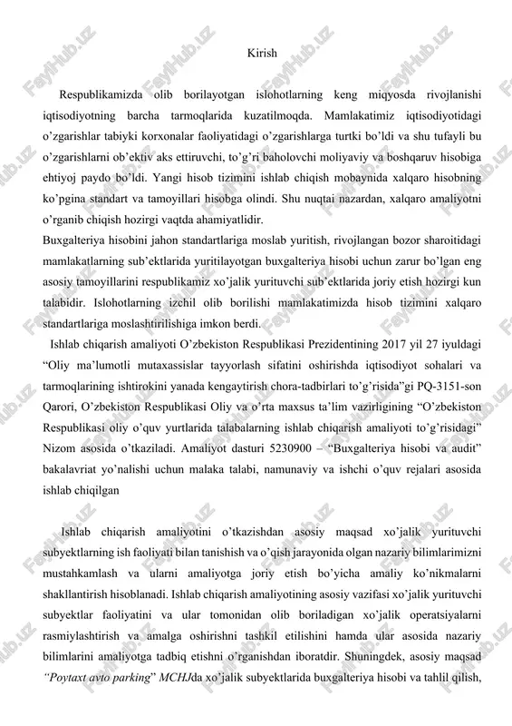 zatib va qayd etib qolmasdan, ishlab chiqarish rejasining bajarilishi ustidan nazoratni amalga oshira borib, rejalashtirish, nazorat qilish va iqtisodiyotni boshqarish ishida asosiy vazifani bajaradi. shu boisdan ham hisob ishlarini tashkil qilish masalalariga katta e’tibor qaratiladi. buxgalteriya hisobi va hisobotini tashkil etishni buxgalteriya hisobi subyektining rahbari amalga oshiradi. buxgalteriya hisobi subyektining rahbari quyidagi huquqlarga ega: · buxgalteriya hisobi xizmatining rahbari boshchiligida buxgalteriya hisobi xizmatini tashkil etish yoki shartnoma asosida jalb qilingan buxgalter xizmatidan foydalanish; · buxgalteriya hisobini yuritishni ixtisoslashtirilgan tashkilotga (auditorlik tashkilotlari, soliq maslahatchilari tashkilotlari va ustavida buxgalteriya hisobini yuritish bo’yicha xizmat ko’rsatish nazarda tutilgan boshqa tashkilotlar) shartnoma asosida yuklash; · buxgalteriya hisobini mustaqil yuritish. buxgalteriya hisobi “poytaxt avto parking”mchjning rahbari: -hisob siyosati, ichki hisob va hisobot tizimi ishlab chiqilishini; -ichki nazorat tartibini; -buxgalteriya hisobi to’liq va ishonchli yuritilishini; -hisob hujjatlarining but saqlanishini; -moliyaviy hisobotning tayyorlanishini; -soliq hisobotining va boshqa moliyaviy hujjatlarning tayyorlanishini; -hisob-kitoblar o’z vaqtida amalga oshirilishini. xususiy kapital ustav …