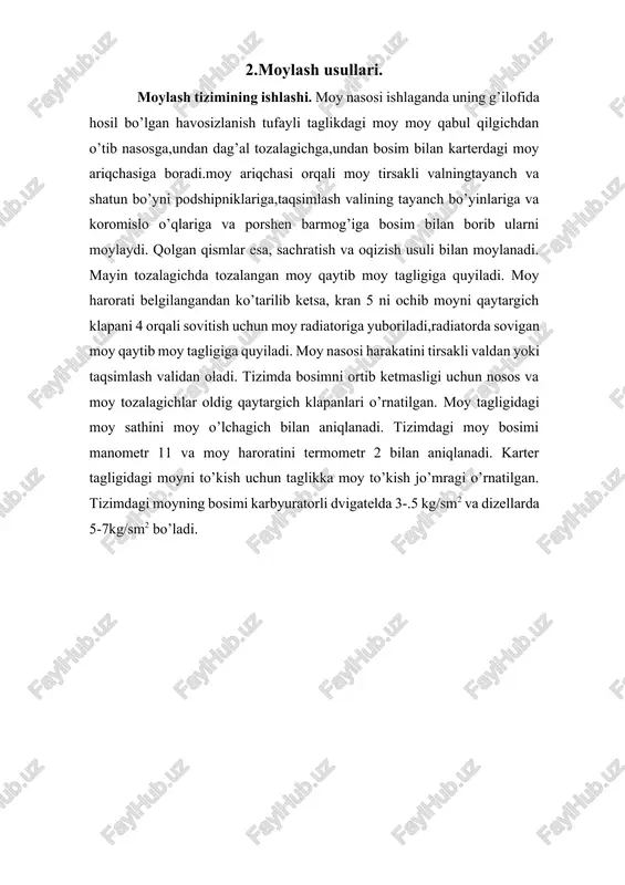 uvchi yuzalardan issiqlikni o’ziga olib,ularni sovitish xususiyatiga ham egadir. moyning qovushqoqligi, oksidlanishiga chidamligini oshirish, zanglamaslik va yuvib ketish xodisalarini yaxshilash va yuqori haroratda suyulmaydigan bo’lishi, ko’piklanishiga qarshi va yuzalarni tirnalishiga qarshi bo’lishi uchun unga 3-14 foiz har-xil tarkibli murakkab qo’shilma qo’shiladi. foydalaniladigan adabiyotlar: 1. m.n. muminova, m.a. maksumova «kasbiy etika va etiket», uslubiy qo’llanma, t.,2006. 2. i. a. karimov «istiqlol va ma’naviyat» t.,1994. 3. i. a. karimov «o’zbekiston buyuk kelajak sari» t.,1998. 4. n. e. muhammadiyev «kasb etikasi va estetik madaniyati»- toshkent,1998 y. 5. m. abdullayev, e. xakimov «vvedeniye v etiku»-namangan, 1998. 6. abdulla sher «axloqshunoslik» ma’ruzalar matni, toshkent, 2000 7. v.g. fedsov «kultura servisa» uchebno-prakticheskoye posobiye - m., «prior», 2001. 8. a.a. avloniy «turkiy guliston yohud ahloq», t. 1992. 9. y. y. petrunin, v.k. borisov «etika biznesa» m., «delo»,2000. 10. s. s. gulomov «tadbirkorlik va kichik biznes» - t., «shark», 2002. image1.jpg moylash tizimi reja. 1. moylash tizimining tarifi …