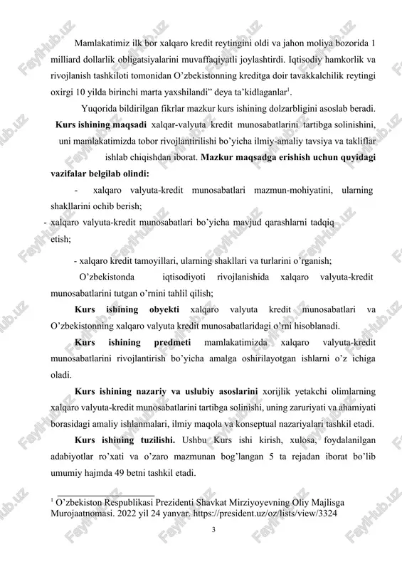 . kurs ishining nazariy va uslubiy asoslarini xorijlik yetakchi olimlarning xalqaro valyuta-kredit munosabatlarini tartibga solinishi, uning zaruriyati va ahamiyati borasidagi amaliy ishlanmalari, ilmiy maqola va konseptual nazariyalari tashkil etadi. kurs ishining tuzilishi. ushbu kurs ishi kirish, xulosa, foydalanilgan adabiyotlar ro’xati va o’zaro mazmunan bog’langan 5 ta rejadan iborat bo’lib umumiy hajmda 49 betni tashkil etadi. 1 o’zbekiston respublikasi prezidenti shavkat mirziyoyevning oliy majlisga murojaatnomasi. 2022 yil 24 yanvar. https://president.uz/oz/lists/view/3324 1. valyuta munosabatlari tushunchasi, ularning shakllari va asosiy ishtirokchilari xalqaro valuta munosabatlari – valutaning jahon xo’jaligida amal qilishi borasida shakllanadigan va milliy xo’jaliklar faoliyati natijalarining o’zaro almashuviga xizmat ko’rsatadigan ijtimoiy munosabatlar yig’indisidir2. yoki davlatlar, jahon valuta bozorining subyektlari, muayyan davlatning rezident yoki norezident shaxslari orasida valutalarni sotish, sotib olish, majburiyatlarni bajarish va boshqa shu kabi jarayonlarda vujudga keladigan munosabatlardir3. valuta munosabatlarining paydo bo’lishi, o’zgartirilishi yoki tugatilishining huquqiy asoslari xalqaro kelishuvlar hamda davlatning ichki qonun va qoidalari hisoblanadi. valuta munosabatlari nisbatan mustaqil …