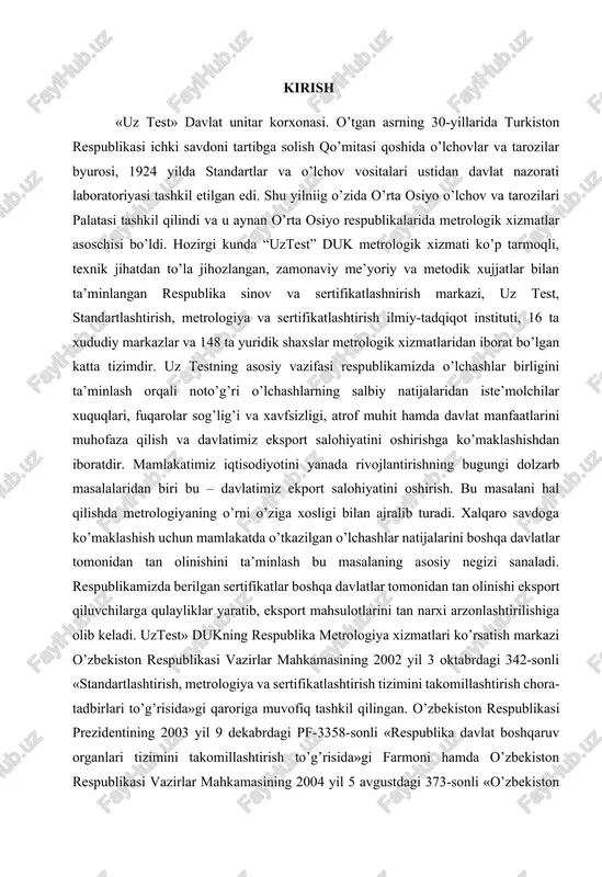 z test» davlat unitar korxonasi tarixidan «uz test» dk tarixi turkiston respublikasi xkk qarori bilan «o’lchov va tarozilar to’g’risidagi qoida» tasdiqlanib, ichki savdoni tartibga solish qo’mitasi qoshida turkiston o’lchov va tarozilar byurosi tashkil qilingandan boshlab 18 aprel 1923 yildan boshlangan. navoiy shahrida amal qilish doirasi butun turkiston respublikasi bo’lgan savdo o’lchov va tarozilarini qiyoslash palatkasi tashkil qilindi. 1924 yilda birinchi standart va o’lchash vositalari ustidan davlat nazorat laboratoriyasi (dnl) tashkil qilindi. 1924 yilda qiyoslash palatasi o’rta osiyo o’lchov va tarozilari palatasiga o’zgartirilib, qirg’izston, tojikiston va turkmaniston respublikalarida metrologik xizmatlarning asoschisi bo’ldi. 1930yilning mart oyida o’zbekiston ssr xalq komissarlari kengashi qoshida standartlashtirish qo’mitasi tashkil qilindi va 1931 yilda o’lchov va tarozilar palatasi bilan birlashtirildi. urushdan keyingi yillarda har bir viloyat markazida, ular ishini o’zbekiston ssr vazirlar kengashi qoshidagi o’lchov va o’lchash asboblari ishi bo’yicha vakolatli qo’mita boshqargan davlat nazorat laboratoriyalari (dnl) tashkil qilindi. 1966 yilda dnl standart va o’lchash texnikasi ustidan …