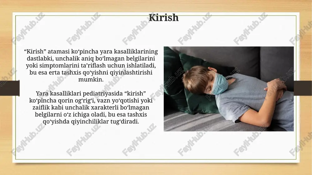 tirish uchun zarur bo'lishi mumkin, bu esa yallig'langan ichakka tiklanish imkoniyatini beradi. ichakning qattiq shikastlangan qismini olib tashlashni o'z ichiga olgan proktokolektomiya va ileoanal xaltasi jarrohligi, surunkali kolitni davolashning bir variantidir. oziqlanish va parhez o'tkir yarali kasalliklarda o'simlik yog'lari (kuniga 20-30 ml) va omega-3 yog' kislotalari yallig'lanishni kamaytirish va ichak shifo berishiga yordam beradi. sut mahsulotlari ba'zi bolalarda alomatlarni kuchaytirishi mumkin, shuning uchun ularni 2-4 hafta davomida cheklab ko'rish va reaktsiyani kuzatish tavsiya etiladi. psixologik yordam psixologik yordam 1-darajali travmadan keyin, ayniqsa, 72 soat ichida, bolaning ruhiy holatini barqarorlashtirishga qaratilgan bo'lishi kerak. bolalarga psixologik yordam ko'rsatishda, o'yin terapiyasi muhim ahamiyatga ega, chunki 4 yoshdan 12 yoshgacha bo'lgan bolalar o'yin orqali his-tuyg'ularini ifodalaydi. prognoz prognoz kasallikning ehtimoliy rivojlanishini aniqlash imkonini beradi, bu esa samarali davolash strategiyalarini ishlab chiqishga yordam beradi. prognozning aniqligi kasallikning erta bosqichida aniqlangan bir nechta omillarga bog'liq bo'lib, bu esa davolash natijasini yaxshilaydi. profilaktika bolalarda yarali kasalliklarni oldini …