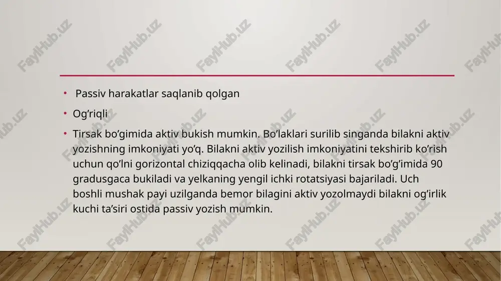 sh uchun bilak va tirsak bo’g’imlarini qamagan holada ikki proyeksiyada rentgenografiya qilish kerak. davolash suyak bo’laklari surilmay singanda gipsli bog’lam qo’yiladi. surilgan diafizar sinishlarda repozitsiya qilinadi. tirsak suyagi bilak boshchasining chiqishi bilan sinishi qo’lga tayanib yerga yiqilganda, bilak bilan qattiq narsaga urilganda chiqishi bilan birga sinadi.uning bukilgan va yozilgan turlari farqlanadi. bukilgan holatda bilak suyagi boshchasi oldinga tirsak suyagi bo’laklari esa orqaga siljiydi.(montedji bukilgan sinishi) yozilgan turida bilak suyagi boshchasi xalqasimon boylam uzilgandan keyin orqaga va tashqariga chiqadi tirsak suyak bo’lakalri oldinga surilib orqaga ochiq burchak hosil qiladi. klinika sohada deformatsiya tirsak suyagi tomonidan chuqurcha bilak suyagi tomonida shish bilak qisqargan og’riq aktiv harakat qilib bo’lmaydi diagnostika ikki proyeksiyada rentgenografiya davolash repozitsiya osteosintez kaft suyaklarining sinishi kaft suyagi asosiga to’g’ridan tog’ri zarba tushishi 1barmoqning yozilgan holatida yiqilishi natijasida ro’y beradi. sinishlarning 2ta turi ;bo’g’imda sinish(bennet yoki roland sinishi)va bo’g’imdan tashqarida klinika; kaft-kaft usti sohasining shakli o’zgargan shish konturlar silliqlashgan og’riq …