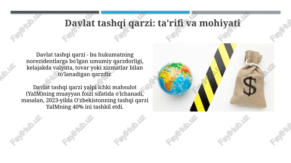 ri davlat tashqi qarzini barqarorlashtirish uchun, qarzni boshqarish samaradorligini oshirish, xususan, qarzning maqsadli yo'naltirilishini nazorat qilish muhim, maqsad 60% dan oshmasligi kerak. export hajmini 1.5 barobarga oshirish va importni optimallashtirish orqali savdo balansini yaxshilash tashqi qarzga xizmat ko'rsatish imkoniyatini mustahkamlaydi, shu bilan barqarorlikka erishish osonroq. tashqi qarz va davlat byudjeti davlat byudjeti defitsiti tashqi qarz hisobidan qoplanishi mumkin, bu esa 2023-yilda yaimning 3%dan oshmasligi kerak, chunki bu davlat qarzi barqarorligiga ta'sir qiladi. tashqi qarz davlat byudjetiga xizmat ko'rsatish xarajatlari yukini yuklaydi, 2024-yilda bu xarajatlar byudjetning sezilarli qismini tashkil etishi kutilmoqda. tashqi qarz va investitsiyalar o'zbekistonning tashqi qarzi tarkibida davlat qarzining ulushi sezilarli darajada yuqori bo'lib, 2023-yilga kelib qarzning asosiy qismi iqtisodiyotni rivojlantirish loyihalariga yo'naltirilgan. to'g'ridan-to'g'ri xorijiy investitsiyalar (txxi) o'zbekiston iqtisodiyotiga texnologiyalar olib kirish, ish o'rinlari yaratish va eksport salohiyatini oshirish orqali muhim hissa qo'shadi. tashqi qarz va inflyatsiya tashqi qarzning ortishi, agar u samarali investitsiyalarga yo'naltirilsa, dastlabki bosqichda inflyatsiyani 2-3 …