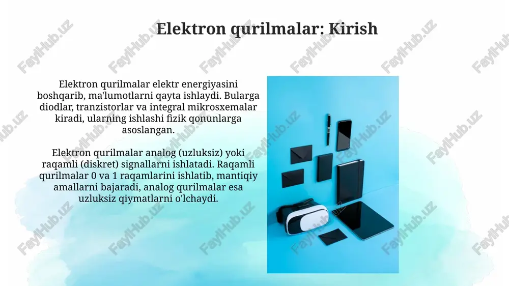 llarning qiymati vaqt o'tishi bilan uzluksiz o'zgaradi. bunga misol sifatida, analog soatning strelkalari harakati bo'lishi mumkin. kuchaytirish uchun analog elektron qurilmalar tranzistorlar kabi elementlardan foydalanadi, ularning ishlashi kirish signalining kuchlanishiga bog'liq. odatda, ±5v yoki ±12v kuchlanish darajalari ishlatiladi. aloqa qurilmalari aloqa qurilmalari, masalan, mobil telefonlar, 3g, 4g va 5g kabi turli xil tarmoqlarda ovoz, ma'lumot va video uzatish uchun radio to'lqinlaridan foydalanadi. simsiz routerlar 2,4 gigagertsli va 5 gigagertsli chastotalarda ishlaydigan wi-fi aloqasini ta'minlaydi, ieee 802.11 protokollari orqali bir nechta qurilmalarni tarmoqqa ulash imkonini beradi. hisoblash qurilmalari hisoblash qurilmalari 16-asrda paydo bo'lgan abakusdan tortib, zamonaviy kvant kompyuterlargacha bo'lgan keng turdagi apparatlarni o'z ichiga oladi. ular sonli ma'lumotlarni qayta ishlash va tahlil qilish uchun mo'ljallangan. analog hisoblash qurilmalari doimiy fizik kattaliklardan, masalan, kuchlanish yoki oqimdan foydalanadi; raqamli hisoblash qurilmalari esa 0 va 1 ikkilik raqamlar bilan ishlaydi va bu aniqroq natijalarni beradi. maishiy elektronika maishiy elektronika kundalik turmushda qo'llaniladigan 100 dan …