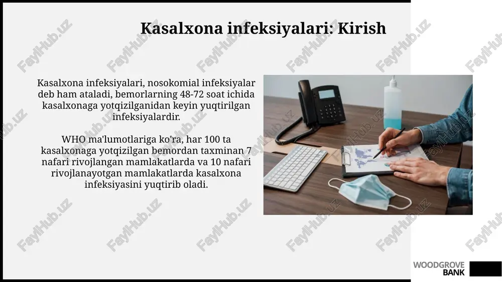 siya tizimi, 1-raqamli xavf omili bo'lib, kasallik tarqalishini kuchaytirishi mumkin. yuqumli mikroorganizmlar 1 metrdan ortiq masofaga havo oqimi orqali tarqaladi, bu 'havo orqali' yo'l hisoblanadi. shamollatish tizimi 2 xil xavfni keltirib chiqarishi mumkin. woodgrove bank infeksiya yo'llari: umumiy foydalaniladigan narsalar orqali umumiy foydalaniladigan narsalar, masalan, 3-darajali tibbiy asboblar (endoskoplar) orqali infeksiya yuqishi xavfi yuqori, chunki ularni toʻliq sterilizatsiya qilish qiyin. bemorlar xonasidagi stol usti, eshik tutqichlari va yoritgichlar kabi 2-toifadagi yuzalar patogen mikroorganizmlar bilan ifloslanishi, kasallik yuqish ehtimolini oshirishi mumkin. woodgrove bank infeksiyaning tarqalishiga ta'sir etuvchi omillar: bemor omillari immun tizimining susayishi, masalan, oiv/oits, saraton kasalligi yoki immunitetni bostiruvchi dorilar tufayli, bemorlarni infeksiyalarga nisbatan 5-10 barobar ko'proq sezgir qiladi. qandli diabet kabi surunkali kasalliklar qon aylanishini yomonlashtirishi va oq qon hujayralarining funktsiyasini buzishi mumkin, bu esa infeksiya xavfini 2-3 marta oshiradi. woodgrove bank infeksiyaning tarqalishiga ta'sir etuvchi omillar: atrof-muhit omillari havoning harorati va namligi mikroorganizmlarning o'sishi va tarqalishiga ta'sir qiladi; …