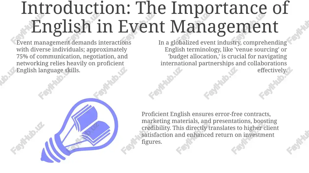 communication across various stakeholders. case studies: analyzing real-world scenarios analyzing case studies allows students to examine real-world event successes, identifying key english communication strategies used in effective pr, negotiation, and 360° feedback processes. students explore scenarios like a failed product launch event, dissecting emails, reports, and presentations in english to understand miscommunication, budget overruns, and crisis management. event management students can utilize the 'swot' analysis framework to critique case studies; this involves evaluating strengths, weaknesses, opportunities, and threats in english documents. thank you for your attention image1.jpeg image2.jpeg image3.jpeg