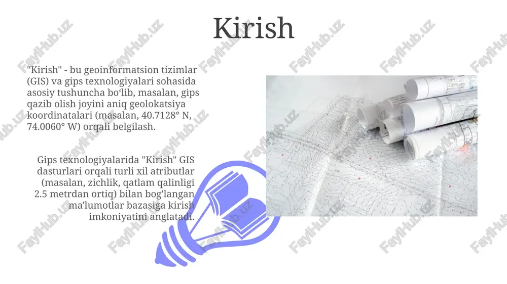 logistika va transportni optimallashtirishda gis gis kon joylashuvini, logistika markazlarini va iste'mol bozorlarini tahlil qilib, optimal transport yo'nalishlarini aniqlash uchun xarajatlarni 15% gacha kamaytiradi. gis yordamida yuk tashish transport vositalarini real vaqt rejimida kuzatib borish mumkin, bu esa etkazib berish muddatlarini 20% ga qisqartiradi va logistika samaradorligini oshiradi. gips infratuzilmasini rejalashtirishda gis gis gips infratuzilmasini rejalashtirishda joylashuvni tahlil qilish orqali optimal joylarni aniqlashda yordam beradi, masalan, 1000 tonna sig'imli omborni qurish uchun. gis, gips infratuzilmasi loyihalarida atrof-muhitga ta'sirini baholash uchun geologik ma'lumotlar, suv havzalari va o'simlik qoplamini tahlil qiladi, masalan, 5 km radiusda. gis yordamida gips mahsulotlari bozorini tahlil qilish 01 02 gis texnologiyalari gips resurslari joylashuvi, transport yo'nalishlari va bozor hududlarini vizualizatsiya qilib, 10% logistika xarajatlarini kamaytirishga yordam beradi. sales 1st qtr 2nd qtr 100 0 sales 1st qtr 2nd qtr 100 0 gips sanoatida gis dasturlarini integratsiya qilishning afzalliklari gis ma'lumotlari yordamida gips konlarini aniqlash xarajatlarni 15% ga …