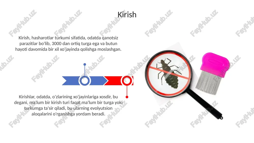 va oson so‘rilishni taʼminlaydi. so'ruvchi hasharotlarning odam va hayvonlarga ta'siri so'ruvchi hasharotlar, masalan, bitlar va burgalar, qichishish, tirnash xususiyati va ikkilamchi bakterial infektsiyalarga olib keladigan 100 dan ortiq allergik reaktsiyalarni qo'zg'atishi mumkin. ba'zi so'ruvchi hasharotlar, masalan, chivinlar va kana, odamlarga va hayvonlarga 30 dan ortiq xavfli kasalliklarni, shu jumladan bezgak, laym kasalligi va rokki tog'i dog'li isitmasini yuqtirishi mumkin. xulosa bitlar - bu to'liq metamorfozga ega bo'lmagan, taxminan 5000 turdan iborat, qanotsiz hasharotlardir, ular hayvonlar va odamlarning ektoparazitlari hisoblanadi. so'ruvchi hasharotlar, masalan, chivinlar, o'simlik shirasi va qon bilan oziqlanadi va shu sababli o'simlik kasalliklari va inson kasalliklarining 30 xil turini yuqtirishda muhim rol o'ynaydi. e'tiboringiz uchun rahmat image3.png image4.jpg image5.jpg image6.jpg image7.jpg image8.jpg image9.jpg image10.jpg image11.jpg image12.jpg image13.jpg image14.jpg image15.jpg image1.jpeg image2.jpeg