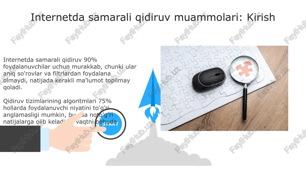 ar qidiruv tizimlari shaxsiy ma'lumotlarni (masalan, qidiruv so'rovlari, joylashuv) yig'adi, bu esa 4-moddada belgilangan maxfiylik buzilishiga olib kelishi mumkin, ayniqsa ma'lumotlar anonimlashtirilmagan bo'lsa. algoritmlarning diskriminatsiyasi qidiruvdagi muhim axloqiy muammo bo'lib, u 50% hollarda natijalarni manipulyatsiya qilishi mumkin, bu esa muayyan guruhlarga nisbatan noto'g'ri yoki tarafkash natijalarga olib keladi. 06 05 04 katta hajmdagi ma'lumotlar qidiruvida kengaytirilgan texnikalar 01 02 kengaytirilgan indekslash 1 milliarddan ortiq hujjatlar uchun tez qidiruvni ta'minlaydi, teskari indekslar va tarqatma jadvallar kabi tuzilmalardan foydalanadi. mashinani o'rganish reytingi millionlab natijalarni maqsadli qidiruvlar uchun eng mos keladigan 100 taga qisqartirishda samarali bo'ladi. kelajakdagi tendentsiyalar va qidiruv innovatsiyalari kelajakda ai-ga asoslangan semantik qidiruv kuchayadi, bu esa 85% aniqlik bilan tabiiy til so'rovlariga javob berishga imkon beradi va asosiy so'zlar o'rniga niyatni tushunadi. blockchain texnologiyasi markazlashmagan qidiruv indekslarini yaratadi, shaxsiy ma'lumotlarning xavfsizligini oshiradi va algoritm shaffofligini ta'minlaydi, 2028 yilga kelib 30% o'sishi kutilmoqda. e'tiboringiz uchun rahmat image5.jpg image6.jpg image7.jpg image8.jpg image9.jpg …