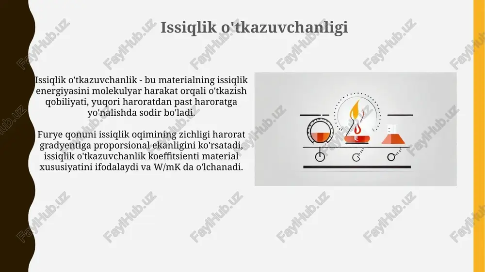 hun ishlatiladi, unda havo harorati, ho'l lampochka harorati va nisbiy namlik o'rtasidagi munosabatlar aks etadi. psixrometriya psixrometriya havo aralashmasining termodinamik xususiyatlarini, xususan, harorat, namlik nisbati va nisbiy namlikni o'lchash va aniqlash bilan shug'ullanadi, bu esa konditsionerlashda muhim ahamiyatga ega. psixrometrik diagrammalar 100% to'yinganlik egri chizig'ini o'z ichiga oladi, bu havo haroratida ushlab turishi mumkin bo'lgan maksimal suv miqdorini ko'rsatadi, shuningdek, entalpiya qiymatlarini ham ko'rsatadi. materiallar orqali massa o'tkazish material orqali massa o'tkazish jarayonida fickning birinchi qonuni muhim rol o'ynaydi, u diffuzion oqim konsentratsiya gradientiga proporsional ekanligini ko'rsatadi va d diffuziya koeffitsienti orqali bog'lanadi. massaning material orqali o'tishi permeatsiya orqali sodir bo'lishi mumkin, bu erda materialning ikkala tomonidagi bosim farqi harakatlantiruvchi kuch bo'lib xizmat qiladi va permeatsiya koeffitsienti bilan aniqlanadi. chegaraviy qatlam tushunchasi chegaraviy qatlam - bu suyuqlikning qattiq sirtga yaqinlashganda tezlik gradyanining katta bo'lgan yupqa qatlami, reynold raqami muhim rol o'ynaydi. issiqlik chegaraviy qatlami harorat gradyanining yuqori bo'lgan sohasi bo'lib, …