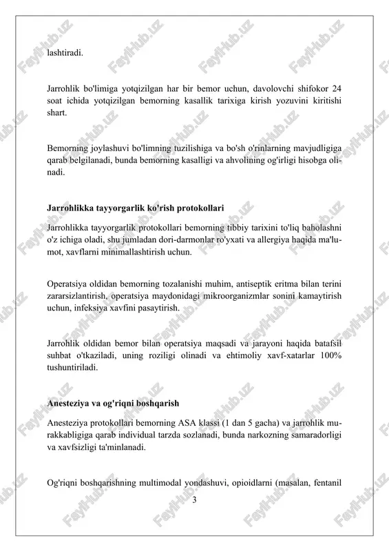 adi, bunda havodagi zarrachalar soni iso 5 standartiga muvofiq bo'lishi va barcha asboblar avtoklavdan o'tgan bo'lishi shart. bemorni operatsiyaga tayyorlashda terini antiseptik eritma bilan kamida 3 marta tozalash va operatsiya joyini steril sochiqlar bilan qoplash kabi qat'iy protokollar mavjud. har bir jarrohlik amaliyoti uchun operatsiyadan oldin va keyin hisobot tayyorlanadi, unda ishlatilgan materiallar soni va bemorning ahvoli kabi 20 dan ortiq parametr qayd etiladi. operatsiya xonasida xavfsizlik protokollari operatsiya xonasida yong'in xavfsizligi protokoli mavjud bo'lib, unda tez evakuatsiya qilish uchun kamida 2 ta chiqish yo'li va o't o'chirgichlar har 100 kvadrat metrga joylashtiriladi. sterillikni saqlash uchun operatsiya xonasi hepa filtrlari orqali havo bilan ta'minlanadi va xodimlarning qo'llari operatsiyadan oldin kamida 3 daqiqa davomida antiseptik bilan yuviladi. barcha elektr jihozlari xavfsizlik standartlariga javob berishi kerak, elektr zanjirlari har 6 oyda tekshiriladi va erga ulash tizimi mavjud bo'lishi zarur. jarrohlikdan keyingi parvarish va kuzatuv jarrohlikdan keyingi parvarishda og'riqni baholash muhim. masalan, numeric …