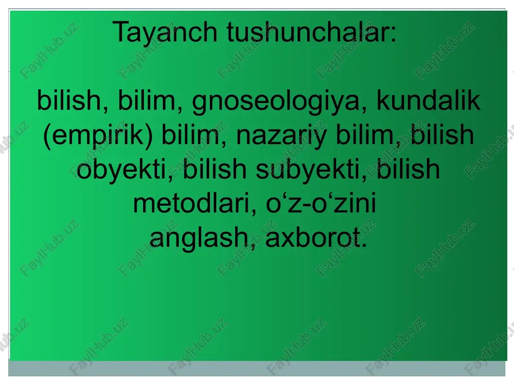 r dunyoni bilish mumkinligini ta'kidlaydilar skeptiklar bilimning haqiqiyligiga shubha qiladilar bilishning shakllari hissiy - sezgi a’zolari orqali olingan bilim – hissiy bilimlardir. aqliy - kuzatish, kuzatilayotgan narsa yoki hodisani tavsiflash, bayonnomalar yuritish, hujjatlardan foydalanishni nazarda tutadi bilish darajalarini shartli ravishda: uchga ajratish mumkin. quyi daraja - barcha tirik mavjudotlarga xos bo‘lib, xissiy bilish deyiladi. xissiy bilish sezgilar vositasida bilishdir. (ko‘rish, eshitish, xid bilish, ta’m bilish, teri sezgisi) bilishning quyi bosqchida sezgi, idrok, tasavvur, diqqat, xayol tashki olam to‘g‘risida muayyan bilimlar xosil qilishga yordam beradi. oliy daraja - intuitiv bilish, qalban bilish, g‘oyibona bilishdir. o‘zining butun borlig‘ini fan, din, siyosat va san’at soxasiga bag’ishlagan buyuk kishilar ana shunday bilish qobiliyatiga ega bo‘ladilar. intuitiv bilish xissiy va akliy bilishga tayanadi. buyuk shaxslarning g‘oyibona bilishi ularning doimiy ravishda fikrini band etgan, yechimini kutayotgan umumbashariy muammolar bilan bog‘liqdir. yuqori daraja - faqat insonlargagina xos bo‘lib, aqliy bilish (ratsional bilish) deyiladi. agar inson uz sezgilari …