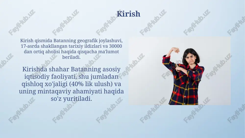 0 dan ortiq o‘quvchiga mo‘ljallangan bepul darslar tashkil etdim. batanning obodonlashtirilishiga qo'shgan hissam men mahalliy ekologiya tadbirlarida 20 dan ortiq ko'ngilli soat ishlaganman, bu esa batanning yashil hududlarini 15% ga oshirishga yordam berdi. men 2023-yilda qabul qilingan shaharni obodonlashtirish boʻyicha yangi loyihaga 3 ta taklif kiritdim, ulardan biri tasdiqlandi va 5000 aqsh dollari moliyalashtirildi. xulosa xulosa, tadqiqotning yakuniy bosqichi sifatida, asosiy topilmalarni 3-4 jumlada jamlaydi va tadqiqot savoliga aniq javob beradi. ilmiy maqolalarda xulosa qismi 5-7 ta asosiy argumentni o'z ichiga oladi va kelajakdagi tadqiqotlar uchun istiqbolli 2-3 ta yo'nalishni ko'rsatadi. e'tiboringiz uchun rahmat image4.png image5.png image6.jpg image7.jpg image8.jpg image9.jpg image10.jpg image11.jpg image12.jpg image13.jpg image14.jpg image15.jpg image16.jpg image17.jpg image1.jpeg