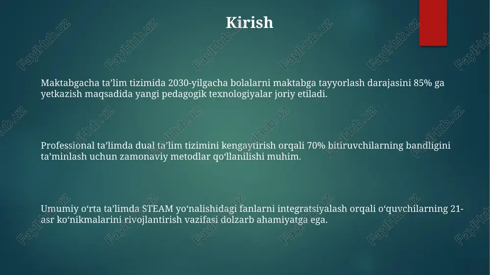 uvchilar malakasini oshirishda 'uzluksiz ta'lim' tamoyiliga asoslangan holda, har 3-5 yilda kamida 36 soatlik maxsus kurslarda qatnashish majburiy etib belgilangan. 2024-yilda joriy etilgan 'mahorat maktablari' orqali o'qituvchilarning pedagogik texnologiyalarni qo'llash va dars samaradorligini oshirish bo'yicha amaliy ko'nikmalari rivojlantiriladi. ta'lim sifatini oshirish maqsadida, 'usta-shogird' tizimi keng qo'llaniladi, bunda tajribali o'qituvchilar yosh mutaxassislarga 1-2 yil davomida mentorlik qilishadi. o'quvchilarning mustaqil ta'lim olishini qo'llab-quvvatlash o'quv loyihalarini amalga oshirish uchun har bir o'quvchiga 200 ming so'mgacha grant ajratiladi, bu ularning tadqiqot ko'nikmalarini rivojlantirishga yordam beradi va ularga ko'proq imkoniyatlar beradi. o’quvchilarning mustaqil ta’lim olishini qo’llab-quvvatlash uchun resurs markazlarida 500 dan ortiq elektron darsliklar va interaktiv materiallar mavjud, bu ularga o'z-o'zini tekshirish imkonini beradi. maktablarda «mustaqil ta’lim soatlari» tashkil etilgan bo’lib, haftasiga 2 soat ajratiladi. bu vaqt davomida o’quvchilar o’z qiziqishlariga mos ravishda bilim olishlari uchun imkon yaratiladi. xulosa va tavsiyalar bolalarning kognitiv rivojlanishini erta bosqichlarda, 3-6 yoshda faollashtirish uchun steam yondashuvini maktabgacha taʼlimda joriy …