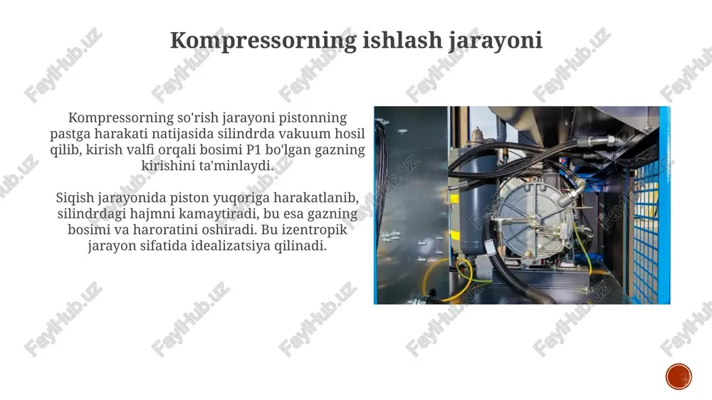 yonga yaqinlashish darajasini ko'rsatadi. mexanik samaradorlik mexanik samaradorlik kompressorning ishqalanish yo'qotishlari va energiyani o'zgartirishdagi kamchiliklarni hisobga olgan holda, ideal kompressor ishi bilan haqiqiy ish o'rtasidagi nisbatni ifodalaydi. odatda, bu ko'rsatkich 85% dan 95% gacha bo'ladi. mexanik samaradorlik qiymati, odatda, 0 dan 1 gacha oraliqda bo'ladi, bu erda 1 ideal holatni ko'rsatadi. yuqori samaradorlik mashinaning kamroq energiya sarflashini va unumdorligini oshishini anglatadi, ya'ni foydali ish koeffitsienti yuqori bo'ladi. kompressorning quvvat sarfi kompressorning quvvat sarfi uning bosim darajasiga bevosita bog'liq: yuqori bosim ko'proq quvvat talab etadi, chunki gazni siqish uchun ko'proq ish bajariladi. kompressorning quvvat sarfi, odatda, ot kuchi (horsepower) yoki kilovatt (kw) bilan o'lchanadi va bu, kompressorning ish faoliyatini baholashning asosiy ko'rsatkichidir. nazariy quvvat sarfi nazariy quvvat sarfi kompressorning izentropik siqilish jarayonida ideal sharoitlarda talab etiladigan minimal quvvatni ifodalaydi, ishqalanish va issiqlik yo'qotishlarini hisobga olmaydi. adiabatik samaradorlik nazariy quvvat sarfi bilan amaldagi quvvat sarfi nisbatini ko'rsatadi, bu kompressorning real sharoitdagi ishlashini …