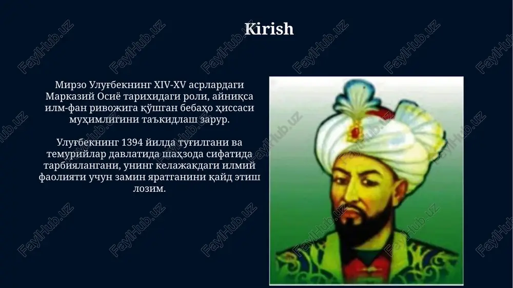 ulug'bekning fojiali o'limi ilm-fan rivojiga to'sqinlik qildi, chunki uning vafotidan keyin samarqanddagi ilmiy maktab o'z mavqeini yo'qotdi, bu esa 15-asr uchun katta yo'qotish edi. xulosa ulug‘bekning davlat arbobi sifatidagi faoliyati davlatni mustahkamlashga, iqtisodiy yuksalishga va madaniyatni rivojlantirishga qaratilgan edi, 40 yillik hukmronligi samarqandni ilmiy markazga aylantirdi. ulug‘bekning astronomiyaga qo‘shgan hissasi beqiyos, uning "ziji jadidi ko‘ragoniy" asari yulduzlarning 1018 ta jadvalini o‘z ichiga olgan bo‘lib, o‘sha davr uchun juda aniq edi. e'tiboringiz uchun rahmat image5.png image6.jpg image7.jpg image8.jpg image9.jpg image10.jpg image11.jpg image12.jpg image13.jpg image14.jpg image15.jpg image1.jpeg