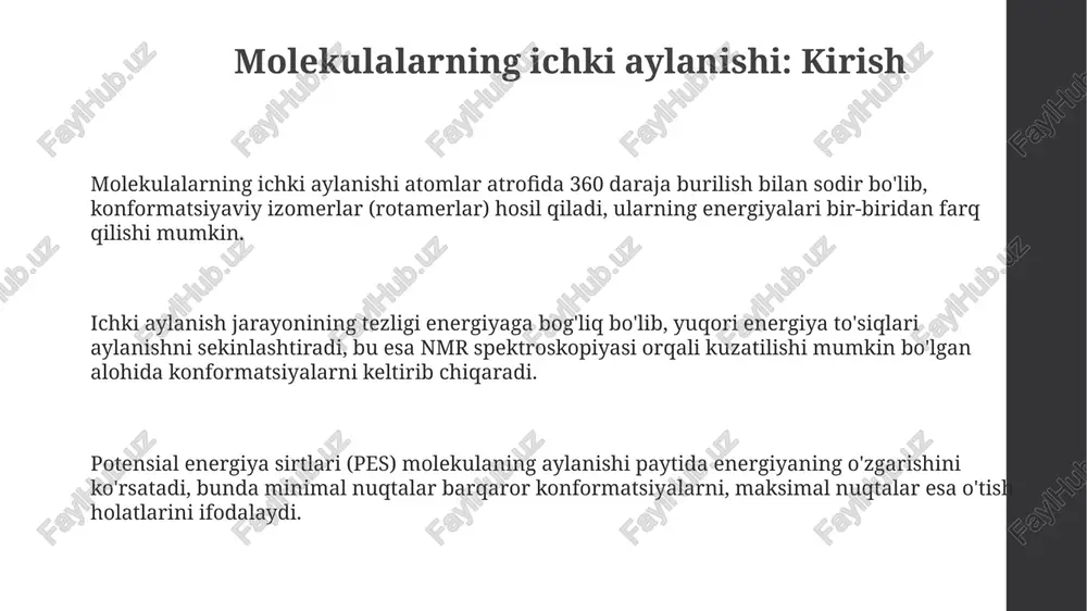 agi atomlar 0.1 nm dan kam masofada bo'lganda yuzaga keladi, bu esa ularning elektron bulutlari orasidagi kuchli itarilishga olib keladi. sterik zo'riqish van-der-vaals radiuslarining kesishishi bilan baholanadi, bu 10 kj/mol dan ortiq energiyaga ega bo'lishi mumkin va molekulyar barqarorlikka salbiy ta'sir qiladi. sterik zo'riqish butan molekulasida kuzatiladi, bunda metil guruhlari burilish natijasida yaqinlashadi, bu esa energiya 3.8 kj/mol ga oshishiga va konformatsion o'zgarishlarga sabab bo'ladi. konformatsion energiya diagrammalari diagrammadagi cho'qqilar konformatsion o'tish holatlarini aks ettiradi, maksimal energiyaga ega bo'lib, molekulaning bir konformatsiyadan ikkinchisiga o'tishi uchun zarur bo'lgan energiyani ko'rsatadi. konformatsion energiya diagrammalari molekulyar burchakning (masalan, torsion burchagi) o'zgarishi bilan potensial energiya o'zgarishini ifodalaydi, odatda kj/mol birliklarida o'lchanadi. diagrammadagi minimal nuqtalar eng barqaror konformatsiyalarni (masalan, staggered yoki gauche) ko'rsatadi, ularning nisbiy chuqurligi haroratga bog'liq bo'lgan populyatsiyalarni aniqlaydi. etan konformatsiyalari etan molekulasi 360 gradusga aylanishi davomida cheksiz ko'p konformatsiyalarga ega, lekin eng muhimi staggered (60° burchak) va eclipsed (0° burchak) konformatsiyalardir. etan …