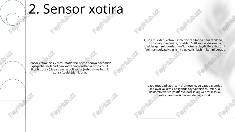 ok etadi 6. semantik xotira protsessual xotira: o'rganilgan harakatlarni ongli fikrlashsiz bajarish qobiliyati. mushaklar xotirasi va odatiy xatti-harakatlarni o'z ichiga oladi. xotira turlari: xotiraning turlariga sensorli xotira, qisqa muddatli xotira, ishchi xotira, epizodik xotira va protsessual xotira kiradi. uning jarayonlari: xotira jarayonlariga kodlash, saqlash va olish kiradi. kodlash ma'lumotni saqlanishi mumkin bo'lgan shaklga aylantirishni o'z ichiga oladi. saqlash ma'lumotni vaqt o'tishi bilan saqlashni anglatadi. qidiruv saqlangan ma'lumotlarga kirishni o'z ichiga oladi. 7. protsessual xotira ishchi xotira: bu qisqa vaqt davomida ma'lumotlarni saqlaydigan vaqtinchalik saqlash tizimi. u telefon raqamini eslab qolish yoki ko'rsatmalarga rioya qilish kabi turli vazifalar uchun ishlatiladi. xotira turlari: xotiraning ikki asosiy turi mavjud: qisqa muddatli xotira va uzoq muddatli xotira. qisqa muddatli xotira ma'lumotni bir necha soniya yoki daqiqada saqlaydi, uzoq muddatli xotira esa ma'lumotni uzoqroq vaqt davomida saqlaydi. uning jarayonlari: axborotni ishchi xotiraga kodlash jarayoni uch bosqichni o'z ichiga oladi: diqqat, takrorlash va mustahkamlash. diqqat - …