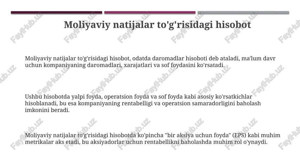 lik ko'rsatkichlari, masalan joriy aktivlar nisbati 1.5 dan yuqori bo'lishi, kompaniyaning qisqa muddatli majburiyatlarini bajarish qobiliyatini aks ettiradi hamda moliyaviy barqarorlikni ta'minlaydi. hisobot tuzilishi hisobot tuzilishi moliyaviy faoliyatning turli shakllarini aniq ko'rsatish uchun ishlab chiqilgan, bu foydalanuvchilarga kompaniyaning 12 oylik davrdagi operatsion samaradorligini baholashga yordam beradi. hisobot tuzilishi daromadlar, xarajatlar, foyda va zararlar kabi elementlarni o'z ichiga oladi, ularning har biri umumiy moliyaviy natijani hisoblash uchun muhim ahamiyatga ega. hisobot tuzilishi odatda asosiy operatsiyalardan olingan daromadlar va xarajatlar, foizlar, soliqlar hamda sof foyda yoki zarar kabi alohida bo'limlarni o'z ichiga oladi, aktivlarni baholash mezonlari 9-son bxs ga muvofiq keladi. tahlil qilish usullari gorizontal tahlil solishtirma davrlar uchun moliyaviy ko'rsatkichlardagi foiz o'zgarishlarini baholab, daromadning 10% o'sishi xarajatlardan yuqori ekanligini aniqlaydi. vertikal tahlil daromad bayonotida har bir elementning sotuvlardan ulushini (masalan, yalpi foyda marjasi 30%) aniqlab, xarajatlar tuzilmasini tushunishga yordam beradi. koeffitsient tahlili rentabellik, likvidlik va samaradorlik nisbatlarini hisoblash orqali, masalan, sof …