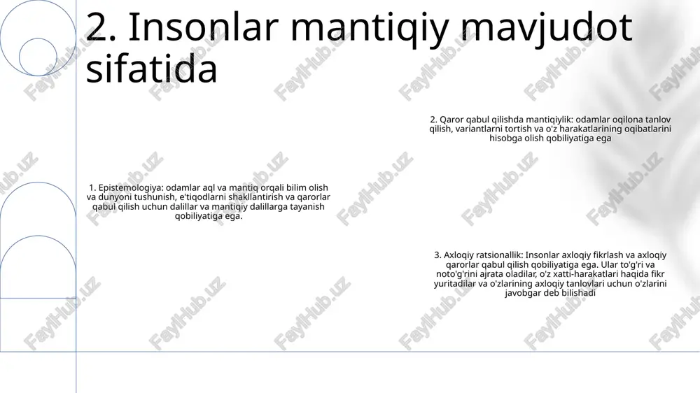 an kurashadi. u ongning tabiatini va uning jismoniy soha bilan o'zaro ta'sirini o'rganadi. dualizm: asosiy nuqtai nazardan biri, dualizm, ong va tana bir-biridan farq qiluvchi mavjudotlar ekanligini ta'kidlaydi materializm: o'z navbatida, materializm aqlni shunchaki jismoniy miya va asab tizimining mahsuloti deb ta'kidlaydi. bu nuqtai nazar ruhiy hodisalarni jismoniy jarayonlarga qisqartiradi, alohida, jismoniy bo'lmagan ongning mavjudligini inkor etadi. 9. aql-tana muammosi falsafiy tadqiqot: "bilim va haqiqat" bilim va haqiqat: haqiqatning mohiyati haqiqatni bilim orqali anglash 10. bilim va haqiqat ma'lumotlar maxfiyligi uchun axloqiy oqibatlar: ai tizimlari katta hajmdagi ma'lumotlarga tayanadi va ma'lumotlar maxfiyligi va xavfsizligi haqida tashvish uyg'otadi. shaxsiy ma'lumotlarning mas'uliyatli to'planishi va ishlatilishini ta'minlash sun'iy intellektga ishonchni saqlash uchun juda muhimdir. algoritmik tarafkashlik: ai algoritmlari ular o'qitilgan ma'lumotlardan nohaqlikni meros qilib olishi mumkin, bu esa adolatsiz yoki kamsituvchi natijalarga olib keladi. algoritmik tarafkashlikni bartaraf etish tenglikni ta'minlash va shaxslar yoki guruhlarga zararli ta'sirni kamaytirish uchun muhim ahamiyatga ega. inson va …