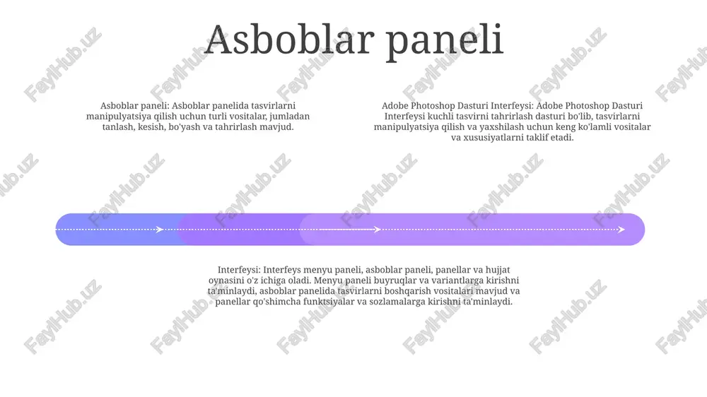 y qiladi. sozlash paneli hue/saturation: tasvirdagi ranglarning rangi, toʻyinganligi va yorugʻligini sozlaydi. egri chiziqlar: turli kirish darajalarining yorqinligini sozlash orqali tasvirning ohang diapazoni va kontrastini boshqaradi. yorqinlik/kontrast: tasvirning umumiy yorqinligi va kontrastini yaxshilaydi yoki kamaytiradi. uslublar paneli effektlarga tez kirish va qo'llash odatiy bo'lib, uslublar paneli photoshop ish maydonining o'ng tomonida joylashgan. foydalanuvchilar qatlamlar panelining pastki qismidagi "fx" belgisini bosish yoki menyu satridan "oyna > uslublar" ni tanlash orqali panelga kirishlari mumkin. uslublar paneli: sozlanishi mumkin bo'lgan effektlar to'plami adobe photoshop-dagi uslublar paneli qatlamlarga oldindan belgilangan effektlarni tezda qo'llashning qulay usulini taqdim etadi. bu effektlar soyalar, burchaklar, rangli qoplamalar va boshqalarni o'z ichiga olishi mumkin. maxsus uslublarni yaratish va boshqarish oldindan belgilangan uslublardan foydalanishga qo'shimcha ravishda, foydalanuvchilar o'zlarining shaxsiy uslublarini yaratishi va saqlashi mumkin. bu ularga tez va oson tez-tez ishlatiladigan effektlarni o'z dizaynlarida qo'llash, vaqt va kuchni tejash imkonini beradi. qatlam uslublari paneli layer opacity: tanlangan qatlamning shaffofligini sozlaydi, …