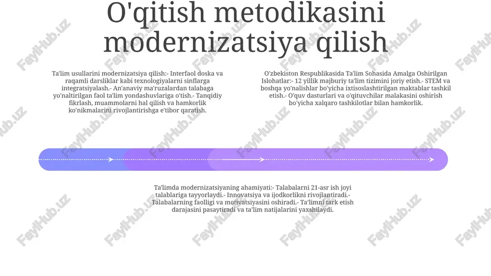 qobiliyatlari, nogironligi yoki kelib chiqishidan qat'i nazar, barcha talabalar uchun sifatli ta'lim olishdan teng foydalanishni ta'minlashga qaratilgan. o'zbekiston ta'lim sektoridagi islohotlar:- sinf xonalari va maktablarda inklyuziv ta'lim amaliyotini joriy etish.- yordamchi texnologiyalar va ixtisoslashtirilgan o'qitish kabi qo'llab-quvvatlovchi xizmatlar ko'rsatish. kasbiy va texnik ta'limni kengaytirish qabul qilish imkoniyatlarini oshirish: kengaytirish dasturi kasb-hunar va texnik taʼlim muassasalarini qabul qilish salohiyatini sezilarli darajada oshirishga olib keldi, bu esa koʻproq talabalarga ixtisoslashtirilgan taʼlim va malaka oshirish imkoniyatlaridan foydalanish imkonini berdi. kengaytirilgan infratuzilma va jihozlar: dastur infratuzilmani modernizatsiya qilish va kasb-hunar va texnik maktablarni eng so‘nggi rusumdagi asbob-uskunalar bilan jihozlashga sarmoya kiritdi, bu esa o‘quvchilarning ta’lim olishlari uchun ilg‘or jihozlardan foydalanishini ta’minladi. tadbirkorlik va sanoat bilan hamkorlikni kengaytirish: dastur kasb-hunar va texnik ta’lim muassasalari hamda korxonalar va ishlab chiqarishlar o‘rtasidagi hamkorlikni rivojlantirdi, talabalarga amaliy mashg‘ulotlar va kasbiy yo‘nalishlar uchun imkoniyatlar yaratib, ularning ishga joylashishini oshirdi. oliy ta'limni o'zgartirish o'zbekiston respublikasida ta'lim sohasida amalga oshirilgan islohatlar: …