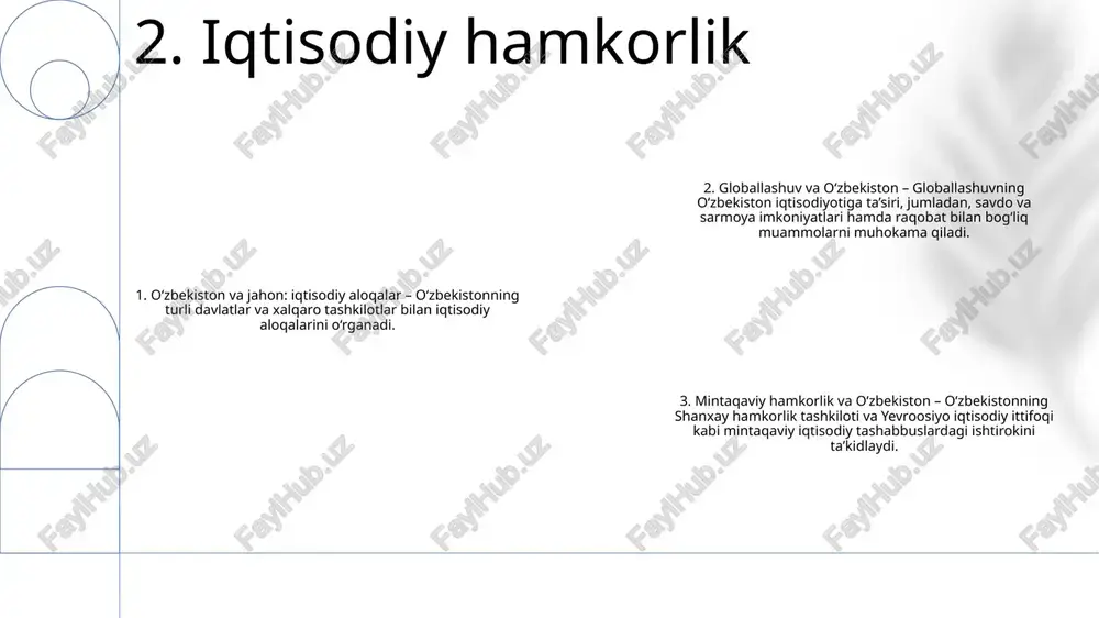 qaratib, atrof-muhitni muhofaza qilish, iqlim o‘zgarishi oqibatlarini yumshatish va kelajak avlodlar farovonligini ta’minlash uchun inklyuziv iqtisodiy o‘sishni ta’kidlaydi. 5. rivojlanish bo'yicha hamkorlik oʻzbekiston va shanxay hamkorlik tashkiloti (shht): 23 soʻzoʻzbekiston xitoy, rossiya, qozogʻiston, qirgʻiziston, tojikiston va hindistonni oʻz ichiga olgan mintaqaviy xavfsizlik va iqtisodiy tashkilot boʻlgan shhtning taʼsischi aʼzosi hisoblanadi. o'zbekiston va yevropada xavfsizlik va hamkorlik tashkiloti (yxht): 26 so'zo'zbekiston yevropa va osiyoda xavfsizlik, hamkorlik va inson huquqlarini himoya qiluvchi yxhtning hamkor davlatidir. o‘zbekiston yexhtning chegaralarni boshqarish, terrorizmga qarshi kurash va inson huquqlarini ilgari surish bo‘yicha dasturlarida ishtirok etadi. o'zbekiston va amerika qo'shma shtatlari: 25 so'zo'zbekiston amerika qo'shma shtatlari bilan mustahkam siyosiy, iqtisodiy va xavfsizlik aloqalarini saqlab kelmoqda. aqsh oʻzbekiston energetika sektoriga yirik sarmoyador boʻlib, ikki davlat mintaqaviy xavfsizlik, terrorizmga qarshi kurash va yadroviy qurollarni tarqatmaslik masalalarida hamkorlik qiladi. 6. geosiyosiy ittifoqlar tashkilot: "atrof-muhitni muhofaza qilish, o'zbekiston va jahon hamjamiyati" missiya: tadqiqot, taʼlim va targʻibot ishlari orqali oʻzbekistonda va butun …