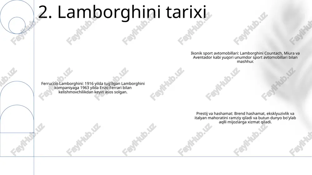 i uyg'otib, ajoyib tasvirlar, eksklyuziv tajribalar va intiluvchan xabarlardan foydalangan. 7. tahlil 1: kampaniya lamborghini’ning texnologik yutuqlari va hashamatli brend imidjini muvaffaqiyatli namoyish etib, butun dunyo bo‘ylab ishqibozlarning e’tiborini tortdi. 2: yuqori sifatli vizual tasvirlar, qiziqarli hikoyalar va kampaniyaning strategik joylashuvi brend xabardorligini oshirdi va muhim ishtirokni yaratdi. 3: ushbu kampaniya innovatsiyalar, ijodkorlik va maqsadli maqsadlarni uyg'unlashtirish samaradorligini ko'rsatib, kelajakdagi marketing tashabbuslari uchun namuna bo'lib xizmat qildi. 8. xulosa e'tiboringiz uchun rahmat @taqdimot_robot image1.png /docprops/thumbnail.jpeg