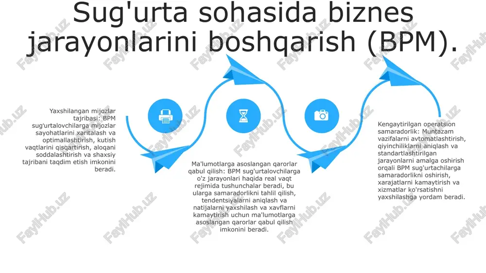 h orqali qaror qabul qilishni yaxshilaydi. normativ-huquqiy hujjatlarga muvofiqlik va jarayonlarni boshqarishning integratsiyasi: tartibga solish talablarini biznes-jarayonlar bilan moslashtirish muvofiqlik tashabbuslarining kundalik operatsiyalarga kiritilishini ta'minlaydi, xavflarni kamaytiradi va uzluksiz muvofiqlikni rag'batlantiradi. raqamli transformatsiya va jarayonlar innovatsiyasi start jarayon samaradorligi: raqamli transformatsiya tashkilotlarga vazifalarni avtomatlashtirish, jarayonlarni soddalashtirish va qiyinchiliklarni bartaraf etish imkonini beradi, bu esa samaradorlik va mahsuldorlikni oshirishga olib keladi. ma'lumotlarga asoslangan qarorlar qabul qilish: raqamli vositalar real vaqt rejimida ma'lumotlar va tahlillarni ta'minlaydi, biznesga ma'lumotlarga asoslangan qarorlar qabul qilish, operatsiyalarni optimallashtirish va mijozlar tajribasini yaxshilash imkonini beradi. mijozlarni jalb qilish: raqamli transformatsiya shaxsiylashtirilgan tajribalarni taqdim etish, uzluksiz omnikanal yordamini taklif qilish va to'g'ridan-to'g'ri fikr-mulohazalarni amalga oshirish, brendga sodiqlik va daromad o'sishini ta'minlash orqali mijozlarni jalb qilishni yaxshilaydi. ma'lumotlar tahlili va jarayon tushunchalari tashkilotlar uchun ma'lumotlar tahlili va jarayon tushunchalaridan foydalangan holda biznes jarayonlarini optimallashtirish orqali samaradorlikni oshirish va xarajatlarni kamaytirish mumkin bo'ldi. ma'lumotlarni tahlil qilish va jarayonlarni tushunish, barqaror …