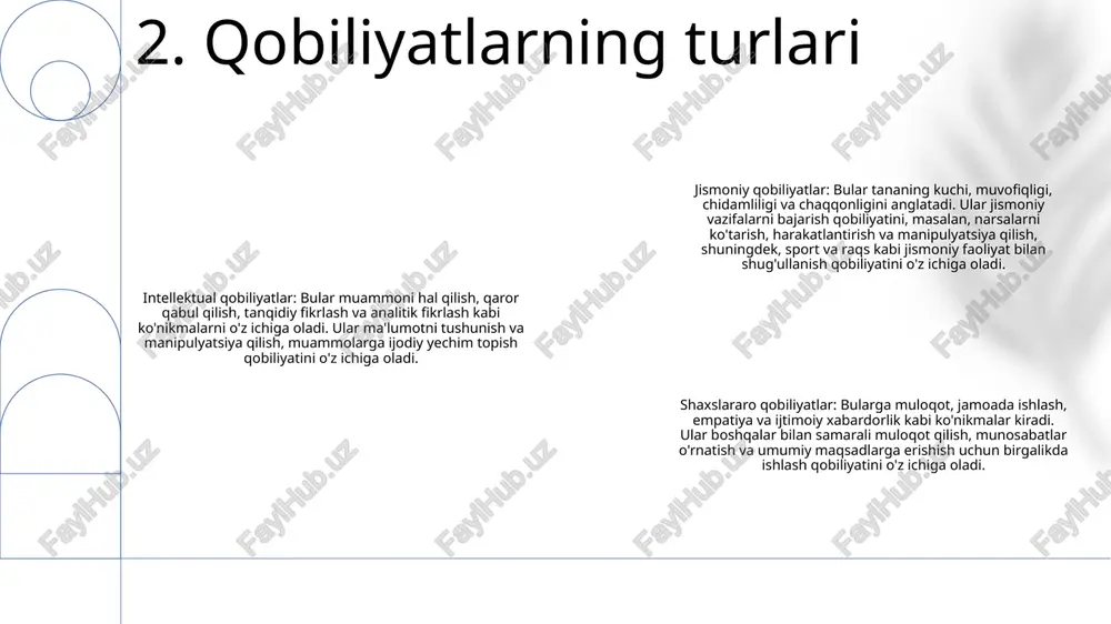 z qobiliyatlari va qobiliyatlarini namoyish etishlarini talab qiladi. ular amaliy qobiliyatlar va muammolarni hal qilish qobiliyatlarini o'lchaydilar, bu esa shaxsning qobiliyatlari haqida aniqroq ko'rinishni ta'minlaydi. suhbat va kuzatishlar: suhbat va kuzatishlar yuzma-yuz muloqot orqali shaxsning qobiliyatlarini bevosita baholash imkonini beradi. ular shaxsning muloqot qobiliyatlari, shaxslararo munosabatlar va muammolarni hal qilish qobiliyatlari haqida tushuncha beradi. 6. o'lchash qobiliyatlari ko'nikmalar to'plamini kengaytirish: treninglar, seminarlar yoki sertifikatlashtirish dasturlari orqali yangi ko'nikmalarga ega bo'ling va mavjudlarini yaxshilang. ishlash samaradorligini oshirish: takomillashtirilgan bilimlar, texnikalar va strategiyalar orqali samaradorlik, samaradorlik va aniqlikni oshiring. ishonchni oshirish: o'ziga ishonch va o'z qobiliyatlariga ishonchni shakllantirish, odamlarga qiyinchiliklarni engish va kerakli natijalarga erishish imkonini beradi. 7. qobiliyatlarni mustahkamlash qobiliyatlarning ta'siri - qobiliyatlar vazifalarni bajarishda malaka va malakani oshiradi, natijada ishlash va natijalar yaxshilanadi.- ular odamlarga murakkab vazifalarni samarali bajarish, muammolarni ijodiy hal qilish va asosli qarorlar qabul qilish imkonini beradi. layoqat- layoqat shaxslarga muayyan rollarni samarali bajarishga imkon beruvchi qobiliyat …