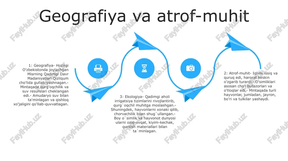 ar. bu san’at asarlari o‘zining realizmi, tafsilotlarga e’tiborliligi, ramziy ahamiyati bilan ajralib turardi. rassomlik: misr rasmlari odatda ikki o'lchovli bo'lib, cheklangan ranglar palitrasidan foydalanilgan. ularda ko'pincha diniy marosimlar, kundalik hayot va tarixiy voqealar manzaralari tasvirlangan. rasmlar papirus varaqlarida, yog'och panellarda, qabr va ibodatxonalar devorlarida yaratilgan. ijtimoiy tuzilma va ierogliflar ierogliflar: qadimgi misr sivilizatsiyasi ieroglif deb nomlanuvchi yozuv tizimini ishlab chiqdi. bular nafaqat ob'ektlar va so'zlarni, balki tovushlarni ham ifodalovchi piktografik belgilar edi. ierogliflar diniy matnlar, qirollik yozuvlari va rasmiy hujjatlar uchun ishlatilgan. ijtimoiy ierarxiya:misrning qadimgi davr madaniyatlari cho'qqisida fir'avn bo'lgan qat'iy ijtimoiy ierarxiyani namoyish etdi. yuqori tabaqaga ruhoniylar, zodagonlar, ulamolar, quyi tabaqaga dehqonlar, hunarmandlar va qullar kirardi. san'at va arxitektura: misrning qadimgi davr madaniyatlari tsivilizatsiyasi o'zining ajoyib obidalari va san'at asarlari bilan mashhur edi. ular kundalik hayot manzaralari, diniy marosimlar va tarixiy voqealarni aks ettiruvchi murakkab o‘ymakorlik va rasmlar bilan bezatilgan ajoyib ibodatxonalar, piramidalar, qabrlar qurdilar. iqtisodiy faoliyat va savdo …