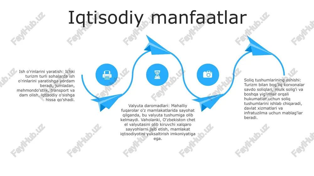 marketingi va hikoyalar: o‘zbekistonda mavjud bo‘lgan turli yo‘nalishlar va tajribalarni namoyish etuvchi jozibali kontentni ishlab chiqish. madaniy, tarixiy va tabiiy diqqatga sazovor joylarni ta'kidlash uchun hikoya qilish usullaridan foydalaning. ishonchlilikni oshirish uchun foydalanuvchi tomonidan yaratilgan kontentni baham ko'ring. maqsadli auditoriya maqsadli auditoriya: o‘zbekistondagi turizm industriyasi bilan shug‘ullanuvchi korxona va tashkilotlar. maqsadli auditoriya: o'zbekiston fuqarolari va ichki sayohat tajribasini izlayotgan rezidentlar. maqsadli auditoriya: oʻzbekistonda turizmni rivojlantirish va boshqarish uchun masʼul davlat organlari. kelajak istiqbollari kengaytirilgan turizm infratuzilmasi: hukumatning infratuzilmani, jumladan, transport, turar joy va diqqatga sazovor joylarni yaxshilashga qaratilishi tashrif buyuruvchilar tajribasini oshiradi. ichki sayohatlarga bo'lgan talabning ortishi: o'zbekiston aholisining o'sishi va ixtiyoriy daromadning oshishi ichki turizmga bo'lgan talabni oshirishi kutilmoqda. mahalliy madaniyat va merosni targ‘ib qilish: o‘zbekiston o‘zining boy madaniy merosi, noyob arxitekturasi va jonli an’analaridan ham mahalliy, ham xorijiy sayyohlarni jalb qilish uchun foydalanadi. e'tiboringiz uchun rahmat @taqdimot_robot image12.jpg image3.jpg image2.jpg /docprops/thumbnail.jpeg
