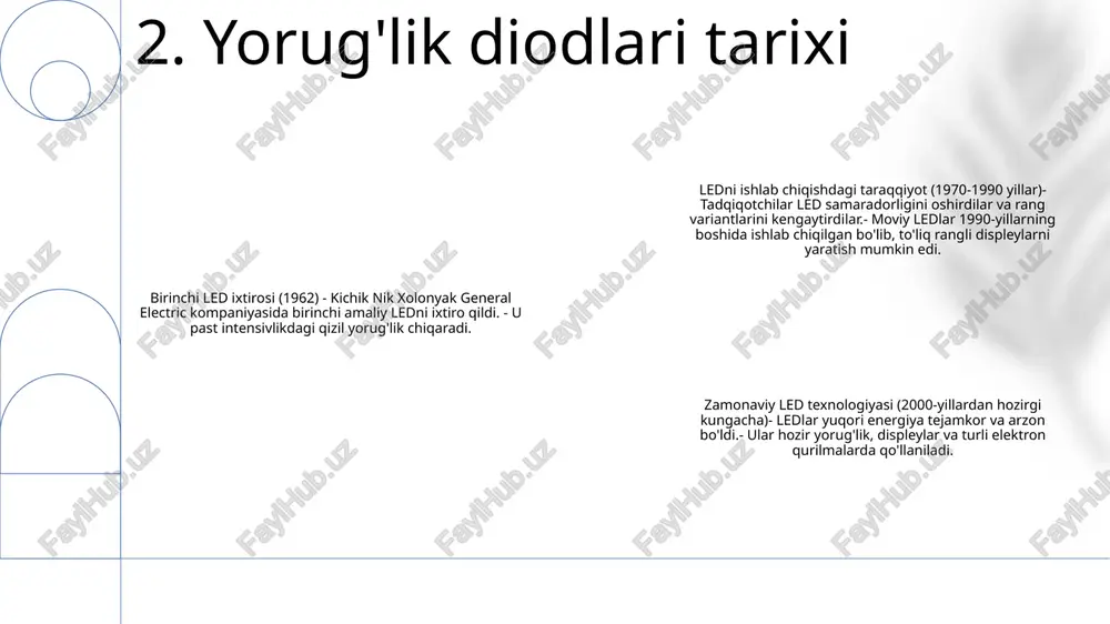 va lyuminestsent lampalarga nisbatan yuqori energiya samaradorligiga ega. ular elektr energiyasining muhim qismini yorug'likka aylantiradilar, natijada iste'mol qilinadigan quvvat birligi uchun yuqori yorug'lik chiqadi. 7. yorug'lik diodlarining xususiyatlari yorug'lik diodlarining samaradorligi (led): ledlar yuqori samaradorlikka ega bo'lib, elektr energiyasining katta qismini yorug'lik energiyasiga aylantiradi. ular an'anaviy yoritish manbalariga nisbatan minimal issiqlik ishlab chiqaradi va kamroq quvvat sarflaydi. yorug'lik (yorqinlik): ledlar yorqin va yo'naltirilgan yorug'lik chiqaradi va mukammal yoritishni ta'minlaydi. ledning yorqinligi lumenlarda o'lchanadi va u o'lchamiga, chip dizayniga va quvvat sarfiga qarab farq qilishi mumkin. foydalanish muddati: ledlar juda uzoq umrga ega, 50 000 soat yoki undan ko'proq davom etadi. bu ularni uzoq muddatda juda bardoshli va tejamkor qiladi, chunki ular boshqa yorug'lik manbalariga qaraganda kamroq tez-tez almashtirishni talab qiladi. 8. yorug'lik diodlarining samaradorligi e'tiboringiz uchun rahmat @taqdimot_robot image1.png /docprops/thumbnail.jpeg