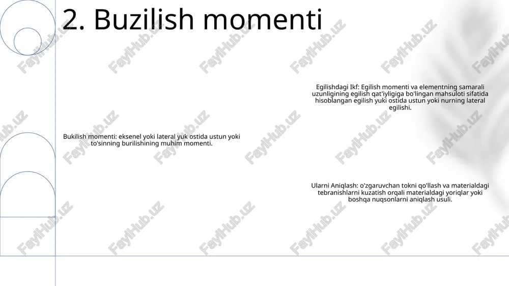 lish momenti: o'q atrofida burilish harakatini keltirib chiqaradigan kuch. ikf: ilon terisi tozalanayotganda unga qo'llaniladigan buralish uchun turkcha atama. ular: turkcha ilon so'zi. 7. burilish momenti ta'rif: qo'shma stress - bu kasbiy, moliyaviy va munosabatlardagi stress kabi bir nechta stress turlarining kombinatsiyasini anglatadi. bu insonning jismoniy va ruhiy farovonligiga sezilarli ta'sir ko'rsatishi mumkin. sabablari: birgalikda stress bir nechta manbalardan kelib chiqishi mumkin va ish bilan bog'liq bosimlar, moliyaviy tashvishlar, munosabatlar muammolari, sog'liq muammolari va hayotning o'zgarishi sabab bo'lishi mumkin. ushbu stress omillari bir vaqtning o'zida sodir bo'lganda, ularni boshqarish juda qiyin bo'lishi mumkin. ta'siri: birgalikda stress tashvish, depressiya, uyqu buzilishi, yurak-qon tomir kasalliklari va ovqat hazm qilish muammolari kabi keng ko'lamli sog'liq muammolariga olib kelishi mumkin. shuningdek, u kognitiv faoliyatga ta'sir qilishi mumkin, xotira, konsentratsiya va qaror qabul qilish qobiliyatini buzishi mumkin. 8. kombinatsiyalangan stress e'tiboringiz uchun rahmat @taqdimot_robot image1.png /docprops/thumbnail.jpeg