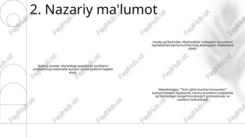 ralarini qurish: maqsad, maxsus yuklash holati ostida nurning egilish momenti diagrammasini (ikf epyuralari) hisoblashdir. matematik yondashuv: differensial tenglama egilish momenti funksiyasini olish uchun integratsiya va chegara shartlari kabi tegishli matematik usullar yordamida yechiladi. bu funksiya nur ichidagi ichki kuchlarning taqsimlanishini ifodalaydi va bükme momenti diagrammasini hisoblash imkonini beradi. 6. matematik model auger burg'ulashda epirus hosil bo'lishi: ilovalar: vertikal va eğimli teshiklarda tosh burg'ulash, neft va gaz sanoatida quduqlarni burg'ulash, geotermal burg'ulash. deformatsiya ep yürü hisoblash: usul: deformatsiyalangan shne o'qining egilish va burilish momentlari chekli elementlar usullari, analitik yechimlar va tajriba o'lchovlari yordamida hisoblanadi. epiyure tahlili: maqsad: taladranada sodir bo'ladigan deformatsiyaning miqdori va tarqalishini aniqlash orqali u xavfsiz ish sharoitlarini ta'minlaydi, uskunaning ishdan chiqishini oldini oladi va burg'ulash samaradorligini oshiradi. 7. ilovalar unda oʻzgaruvchan kesmali uzluksiz nurda egilish momentlari va kesish kuchlarining grafik tasviri muhokama qilinadi. kritik uchastkalarda maksimal va minimal qiymatlarni aniqlash uchun ta'sir koeffitsientlaridan foydalangan holda egilish momenti va …