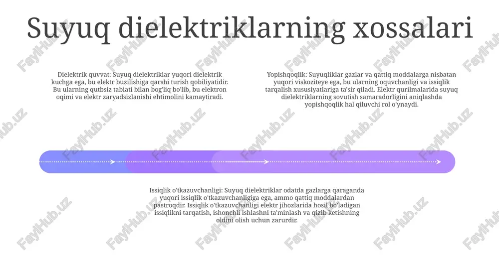 uzishi va elektr uzilishlariga olib kelishi mumkin. dielektrik doimiyligi va yo'qotish koeffitsienti dielektrik doimiy: dielektrik doimiylik materialning elektr maydonini qanchalik yaxshi o'tkazishini o'lchaydi. yaxshi izolyatorlar, masalan, plastmassalar yuqori dielektrik o'tkazuvchanlikka ega, metallar kabi o'tkazgichlar esa past dielektrik o'tkazuvchanlikka ega. dielektrik yo'qotish omili: dielektrik yo'qotish omili elektr maydoniga ta'sir qilganda materialning qizib ketishiga olib keladigan energiya yo'qotilishini o'lchaydi. dielektrik yo'qotish omili yuqori bo'lgan materiallar yuqori chastotali ilovalarda issiqlik hosil qiladi. suyuq dielektriklari: suyuq dielektriklari suyuq holatda bo'lgan izolyatsion materiallardir. ular yog'lar, silikonlar va sintetik suyuqliklar kabi turli xil ilovalarda qo'llaniladi. suyuq dielektriklari yuqori dielektrik quvvati, sovutish qobiliyati va o'z-o'zini davolash xususiyatlari bilan mashhur. elektr buzilishi dielektrik quvvat: dielektriklarning dielektrik kuchi uning elektr buzilishiga chidamliligining o'lchovidir, bu ishlamay qolishdan oldin bardosh bera oladigan maksimal kuchlanishni ko'rsatadi. buzilish kuchi: suyuq dielektriklar yuqori kuchlanishli ilovalarda samarali izolyatsiyani ta'minlab, elektr buzilishlariga yuqori qarshilikka ega. haroratning barqarorligi: suyuq dielektriklar odatda harorat o'zgarishiga barqaror bo'lib, keng ish …