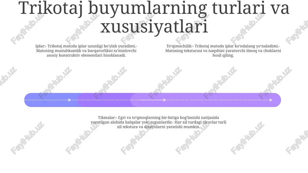 trikotaj materiallari assortimentini o'rganish. assortimentni boshqarish va prognozlash assortimentni boshqarish mijozlar talabini qondirish va rentabellikni maksimal darajada oshirish uchun mahsulot tanlash va miqdorini optimallashtiradi. mahsulotlar aralashmasi, savdo tarixi va prognoz qilinadigan talab kabi omillarni hisobga oladi. prognozlash tarixiy ma'lumotlar tahlili va bozor tushunchalari asosida kelajakdagi mahsulot talabini bashorat qiladi. kelajakdagi sotishni taxmin qilish uchun statistik modellar va usullardan foydalanadi. trikotaj materiallar assortimentlarini o‘rganish bozorda mavjud bo‘lgan turli trikotaj materiallarini o‘rganadi. ularning tuzilishi, elastikligi va vazni kabi xususiyatlarini baholaydi. ularning har xil turdagi kiyim va mahsulotlarga mosligini aniqlaydi. barqarorlik va axloqiy mulohazalar axloqiy mulohazalar: to'qimachilik ta'minoti zanjiri bo'ylab ijtimoiy mas'uliyat, adolatli mehnat amaliyoti va ishchilarning farovonligiga qaratilgan. atrof-muhitning barqarorligi: atrof-muhitga ta'sirni minimallashtirish uchun ekologik toza materiallar, ishlab chiqarish jarayonlari va chiqindilarni boshqarishdan foydalanishga urg'u beradi. materiallar assortimentini tahlil qilish: mavjud bo'lgan trikotaj materiallari assortimentini, ularning barqarorlik xususiyatlarini, axloqiy ma'lumotlarini va ishlash xususiyatlarini o'rganadi. e'tiboringiz uchun rahmat @taqdimot_robot image11.jpg image3.jpg image2.jpg /docprops/thumbnail.jpeg