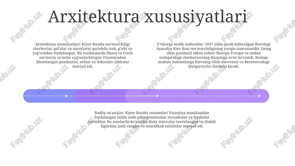tura vizantiya arxitekturasining arxitektura xususiyatlari, masalan, gumbazlar va tonozlar kiev rus cherkovlarida qabul qilingan. sofiya sobori kabi binolar vizantiya me'morchiligining ulug'vorligi va nafosatini aks ettiradi. kiev rusidagi vizantiya ta'siri: mozaika va freskalar vizantiya san'atining mozaika va freskalari kiev rusi san'atiga sezilarli ta'sir ko'rsatdi. avliyo mayklning oltin gumbazli sobori o'zining ajoyib mozaikalari va freskalari bilan vizantiya ta'sirining yorqin namunasidir. skandinaviya ta'siri vikinglar ta'siri: skandinaviya vikinglari 9-asrdan kiev rusiga oqib kelib, "varangiyaliklar" nomi bilan mashhur bo'lib, mintaqaning siyosiy va harbiy tuzilishiga ta'sir ko'rsatdi. badiiy o'xshashliklar: kiev rusining san'ati skandinaviya san'ati bilan o'xshashliklarni ko'rsatadi. misol uchun, kievdagi ayasofya sobori mozaikalari viking san'atida topilgan hayvonlar figurasiga o'xshaydi. arxitektura merosi: kievan rusi skandinaviyaliklardan qal'alar va uzun uylar kabi me'morchilik texnikasini qabul qilgan. kievdagi oltin darvoza bu skandinaviya ta'sirining muhim namunasidir. kiev rusining arxitekturasi erituvchi qozon sifatida heterojen ta'sir: kievan rus me'morchiligi mintaqadagi siyosiy, ijtimoiy va diniy almashinuvlarni aks ettiruvchi turli madaniyatlar va an'analarning ta'sirini namoyish …