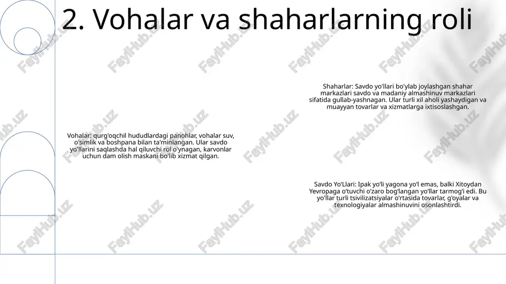 hun otxona, og'ir ob-havo va qaroqchilardan himoya qilish kabi qulayliklarni taklif qilishdi. savdoni osonlashtirish: karvonsaroylar savdo va savdo markazlari vazifasini bajargan. ushbu uchrashuv joylarida turli mintaqalardan kelgan savdogarlar tovarlar, g'oyalar va madaniyatlarni almashishdi. bu ayirboshlash butun o'rta osiyo va undan tashqarida tovar va boylik oqimini osonlashtirdi. arxitektura tarixini asrab-avaylash: karvonsaroylar o‘z davrining me’morchilik uslublari va texnikasini namoyish etuvchi qimmatli tarixiy yodgorliklardir. ular ko'pincha islom, fors va mahalliy me'morchilik an'analari elementlarini o'z ichiga oladi 6. karvonsaroylarning ahamiyati koʻchmanchilik taʼsiri: moʻgʻullar va turklar kabi koʻchmanchi qabilalar keng hududlarni nazorat qilganliklari va harakatni osonlashtira olishlari tufayli oʻrta osiyoda savdo yoʻllarini shakllantirishda katta rol oʻynaganlar. sharq-g'arbiy savdo: uzoq sharqni (xitoy) g'arb (yevropa va o'rta er dengizi) bilan markaziy osiyo orqali bog'laydigan savdo yo'llari paydo bo'ldi. “ipak yo‘li” nomi bilan mashhur bo‘lgan bu yo‘llar ipak, ziravorlar, otlar kabi qimmatbaho buyumlarni olib o‘tgan. iqtisodiy yuksalishlar: savdo yoʻllarining oʻrnatilishi buxoro, samarqand, xiva kabi yoʻllar boʻylab joylashgan markaziy …