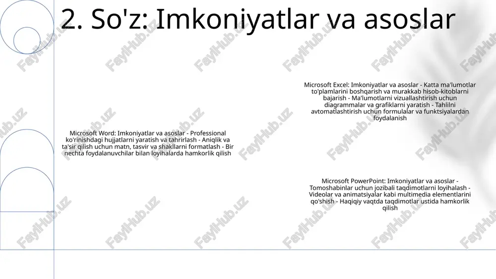 ft excel - ma'lumotlarni tahlil qilish bo'yicha mutaxassis: elektron jadvallarni boshqarish va tahlil qilish, murakkab hisob-kitoblarni bajarish va ma'lumotlarni vizualizatsiya qilish uchun diagrammalar va grafiklarni yaratish. 3. microsoft powerpoint – presentation magic: animatsiyalar, o‘tishlar va moslashtirilgan shablonlar yordamida dinamik taqdimotlarni loyihalash, yetkazib berish va almashish. 6. excelda ma'lumotlarni boshqarish powerpoint: ta'sirli taqdimotlarni yaratish va taqdim etish - moslashtirilgan andozalar, o'tishlar va animatsiyalar bilan vizual tarzda ajoyib slaydlar yarating.- multimedia kontenti, diagrammalar va interfaol elementlar bilan tomoshabinlarni jalb qiling.- taqdimotlarni masofadan turib yoki shaxsan o'tkazing, hamkorlik va tomoshabinlar ishtirokini yaxshilang. word: professional hujjatlar va hisobotlarni yaratish - professional hujjatlar, hisobotlar va insholarni yarating va formatlang. - o'rnatilgan uslublar, shablonlar va grammatik vositalardan silliq yozish uchun foydalaning excel: ma'lumotlarni tahlil qilish va vizualizatsiya qilish - formulalar, diagrammalar va grafiklar yordamida katta ma'lumotlar to'plamini osonlik bilan tartibga soling va boshqaring. - murakkab ma'lumotlarni tahlil qiling, funksiyalar, filtrlar va shartli formatlashdan foydalaning 7. powerpoint …